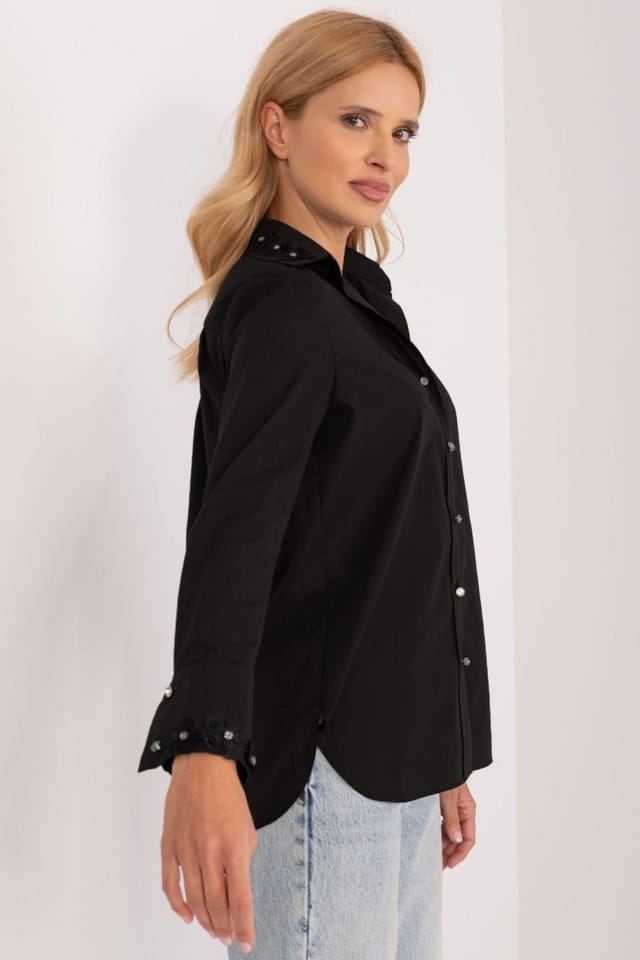 Love Lace Love Lace Women's Long Sleeve Cotton Shirt with Embroidered Cuffs in Black - 2