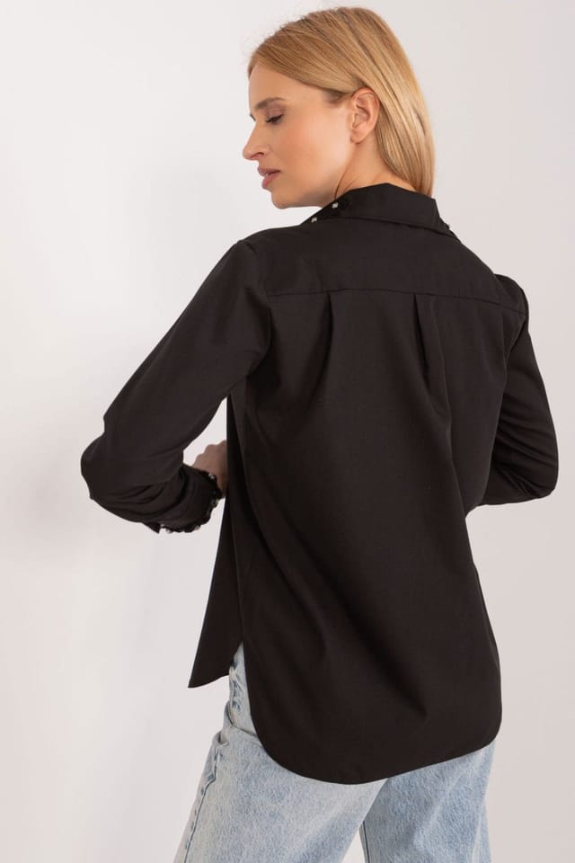 Love Lace Love Lace Women's Long Sleeve Cotton Shirt with Embroidered Cuffs in Black - 3