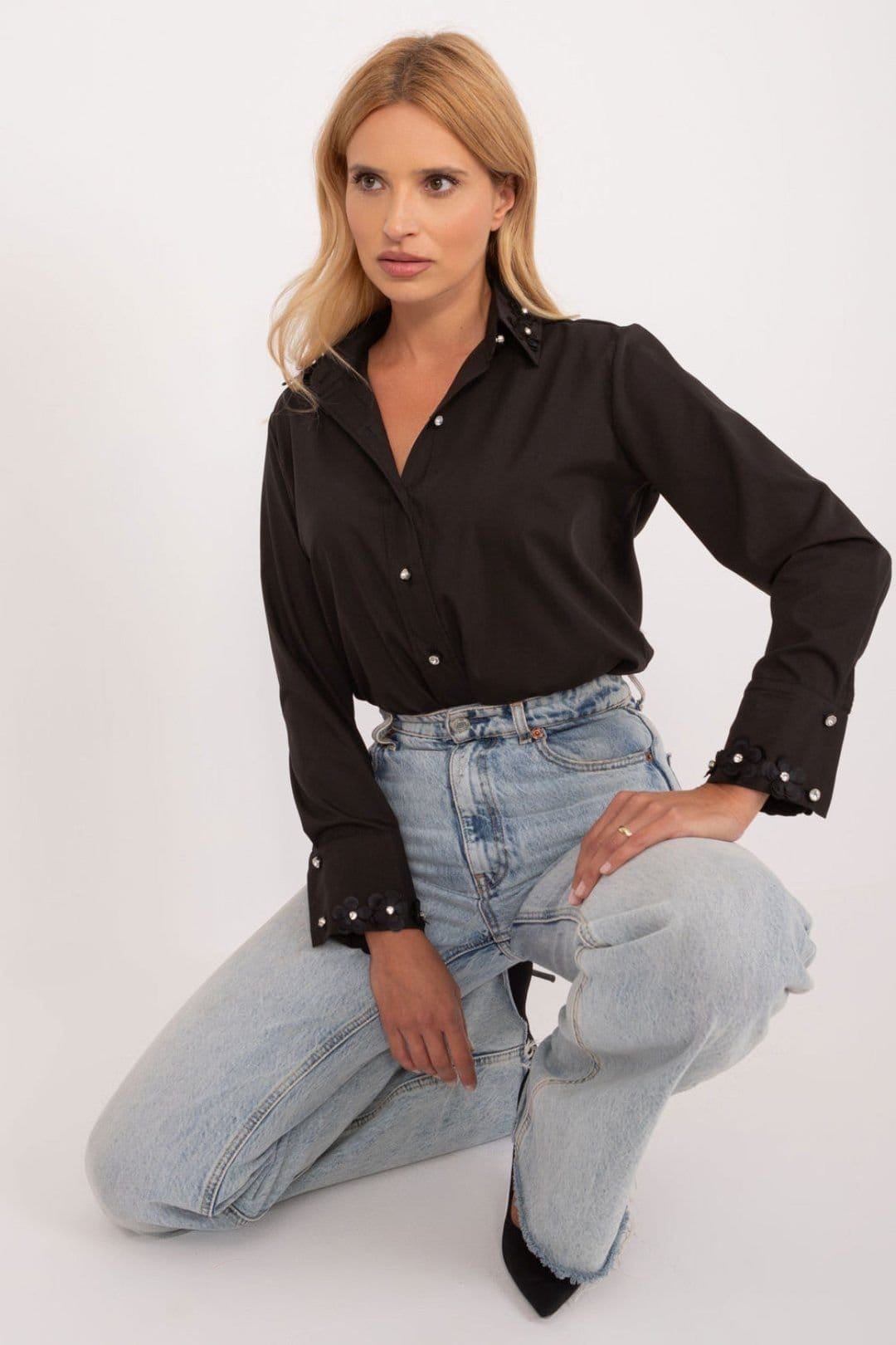 Love Lace Love Lace Women's Long Sleeve Cotton Shirt with Embroidered Cuffs in Black - 4