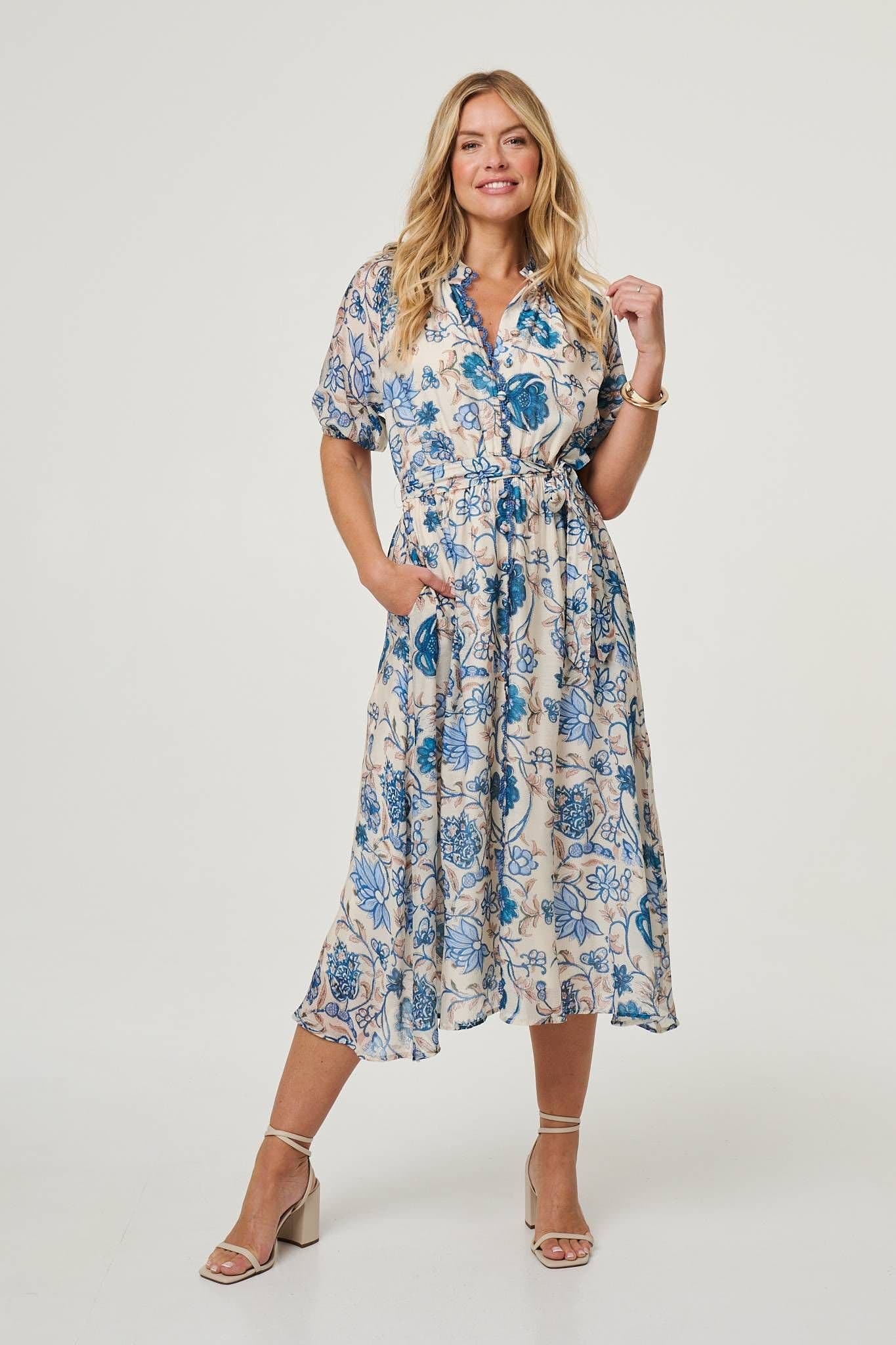 Izabel London Izabel London Women's Floral Lace Trim Tie Waist Midi Dress in Blue