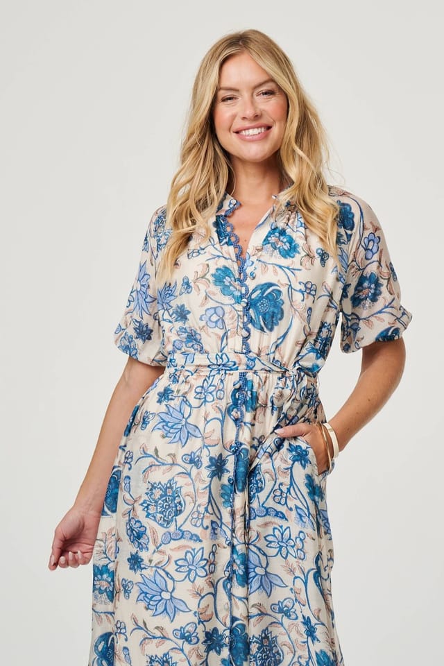 Izabel London Izabel London Women's Floral Lace Trim Tie Waist Midi Dress in Blue - 2