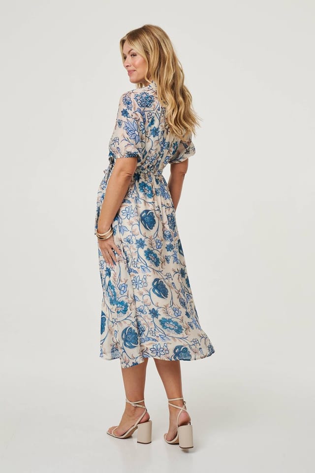 Izabel London Izabel London Women's Floral Lace Trim Tie Waist Midi Dress in Blue - 3