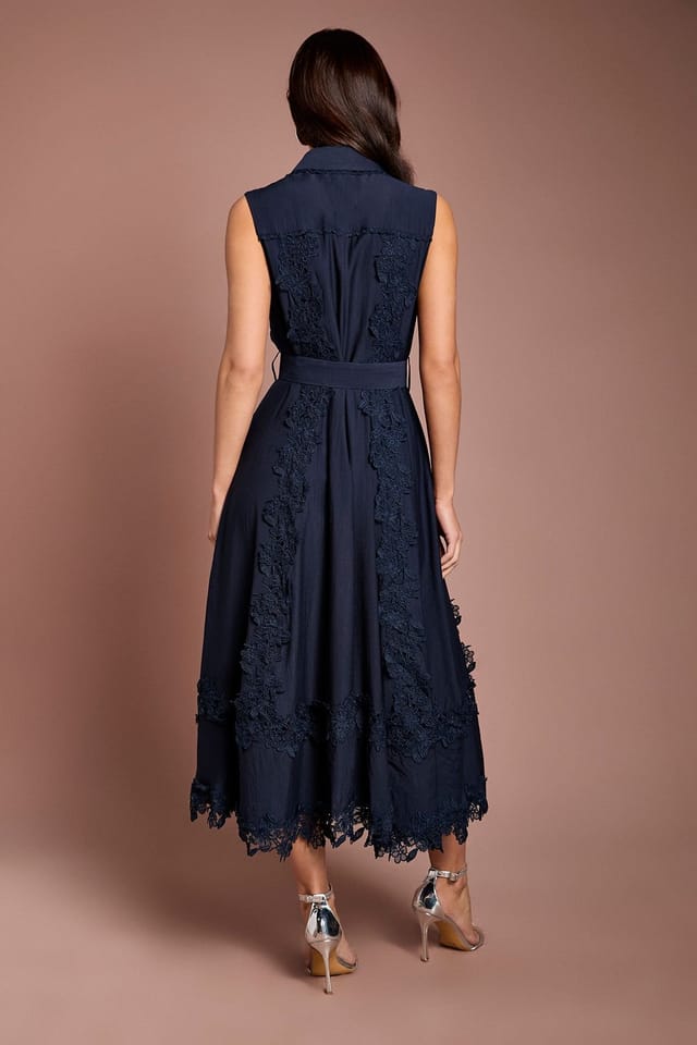 Coast Coast Women's Lace Panelled Belted Sleeveless Shirt Dress in Navy - 3