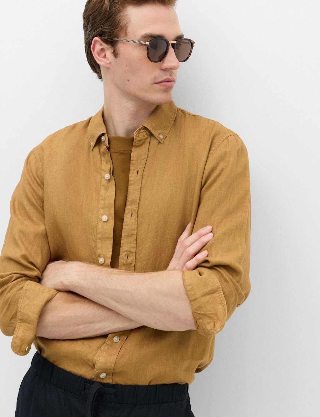 Marks & Spencer M&S Pure Linen Garment Dye Shirt Butterscotch - 1