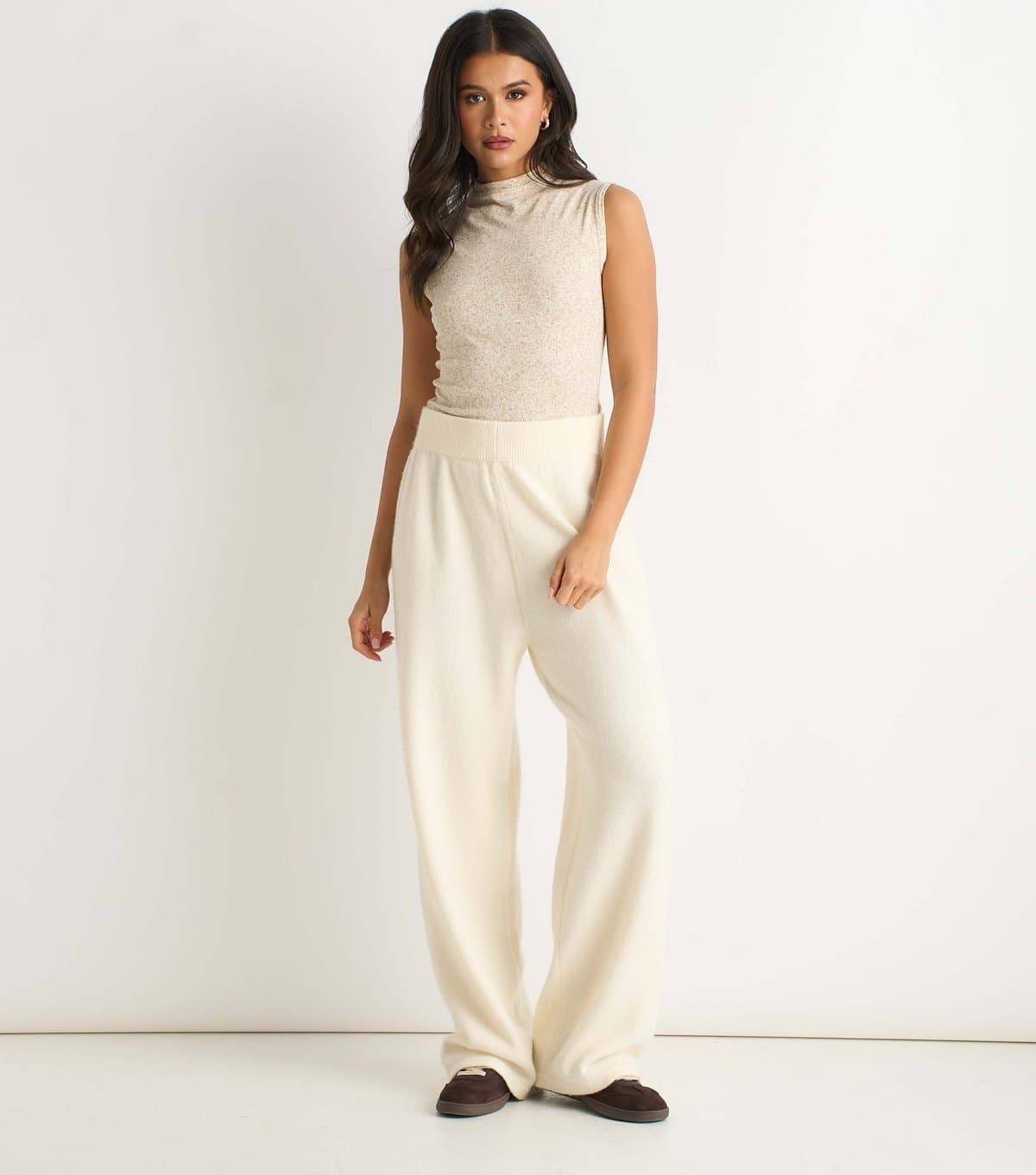 Gini London Women's Off White Knitted Wide Leg Trousers Gini London New Look