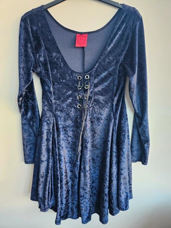 the dark angel S The Dark Angel Navy Blue Crushed Velvet Goth Mini Dress Lace Up UK