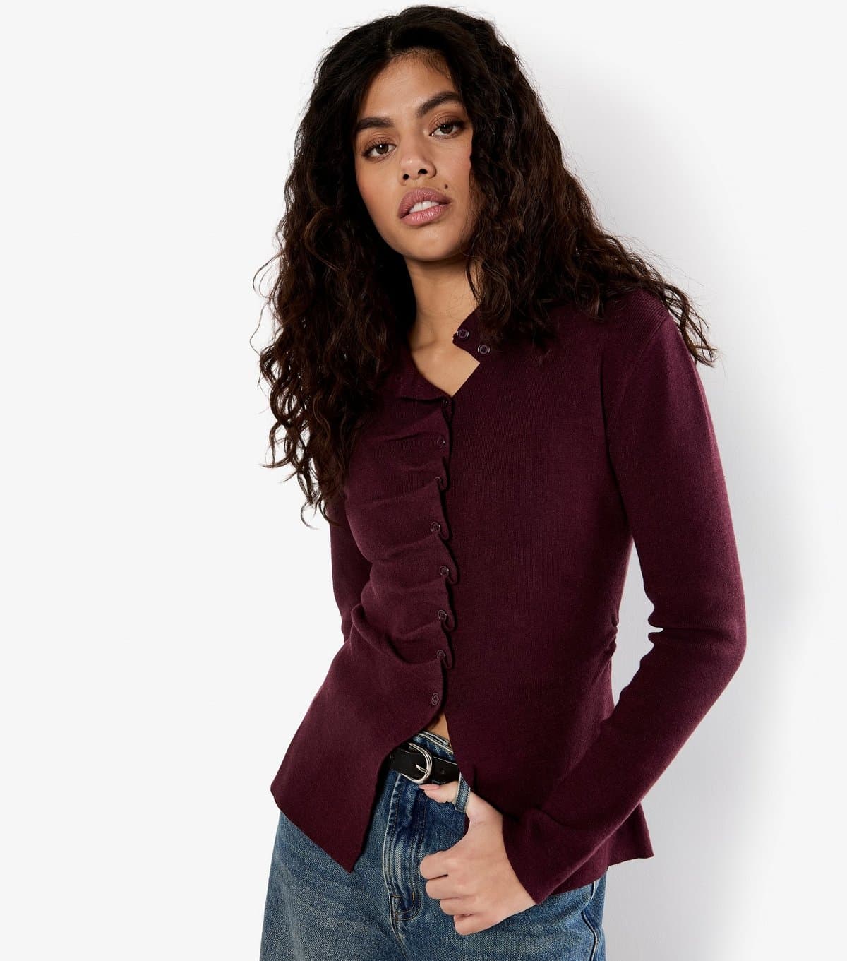 Apricot Women's Dark Burgundy Pleated Button Knit Long Sleeve Top Apricot New Look