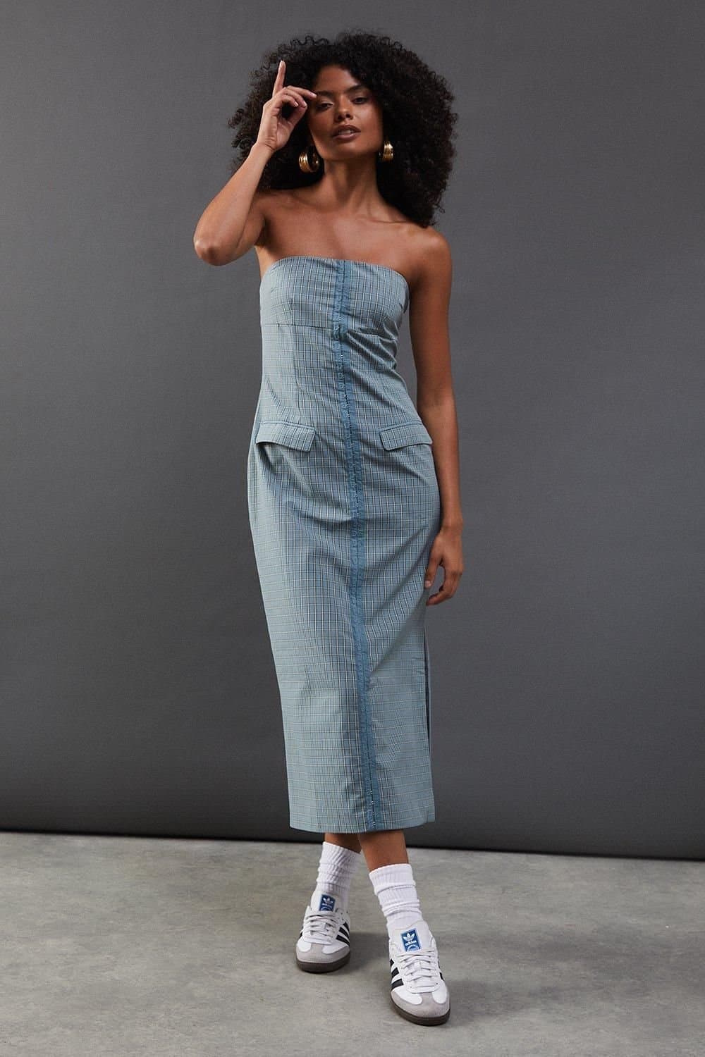 Warehouse Warehouse Women's Check Hook & Eye Fitted Bandeau Midi Dress in Blue