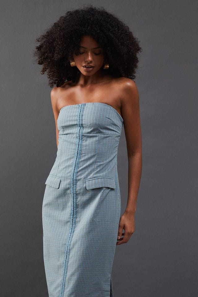 Warehouse Warehouse Women's Check Hook & Eye Fitted Bandeau Midi Dress in Blue - 2