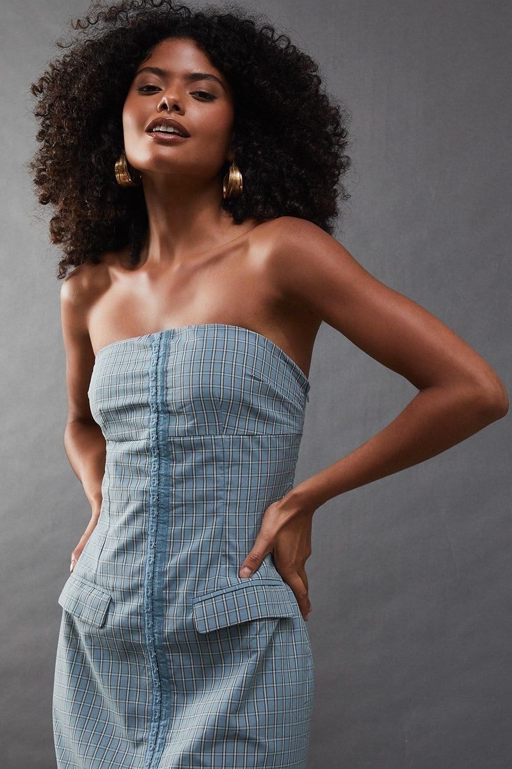 Warehouse Warehouse Women's Check Hook & Eye Fitted Bandeau Midi Dress in Blue - 4