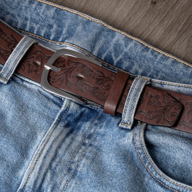 Woodland Leathers Woodland Leathers Men's Embossed Leather Lined Belt for men, Western Style 1.25" belt in Brown - 2