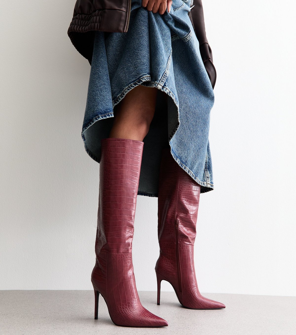 Public Desire Women's Dark Burgundy Nova Crocodile Embossed Knee High Boots Public Desire New Look - 2