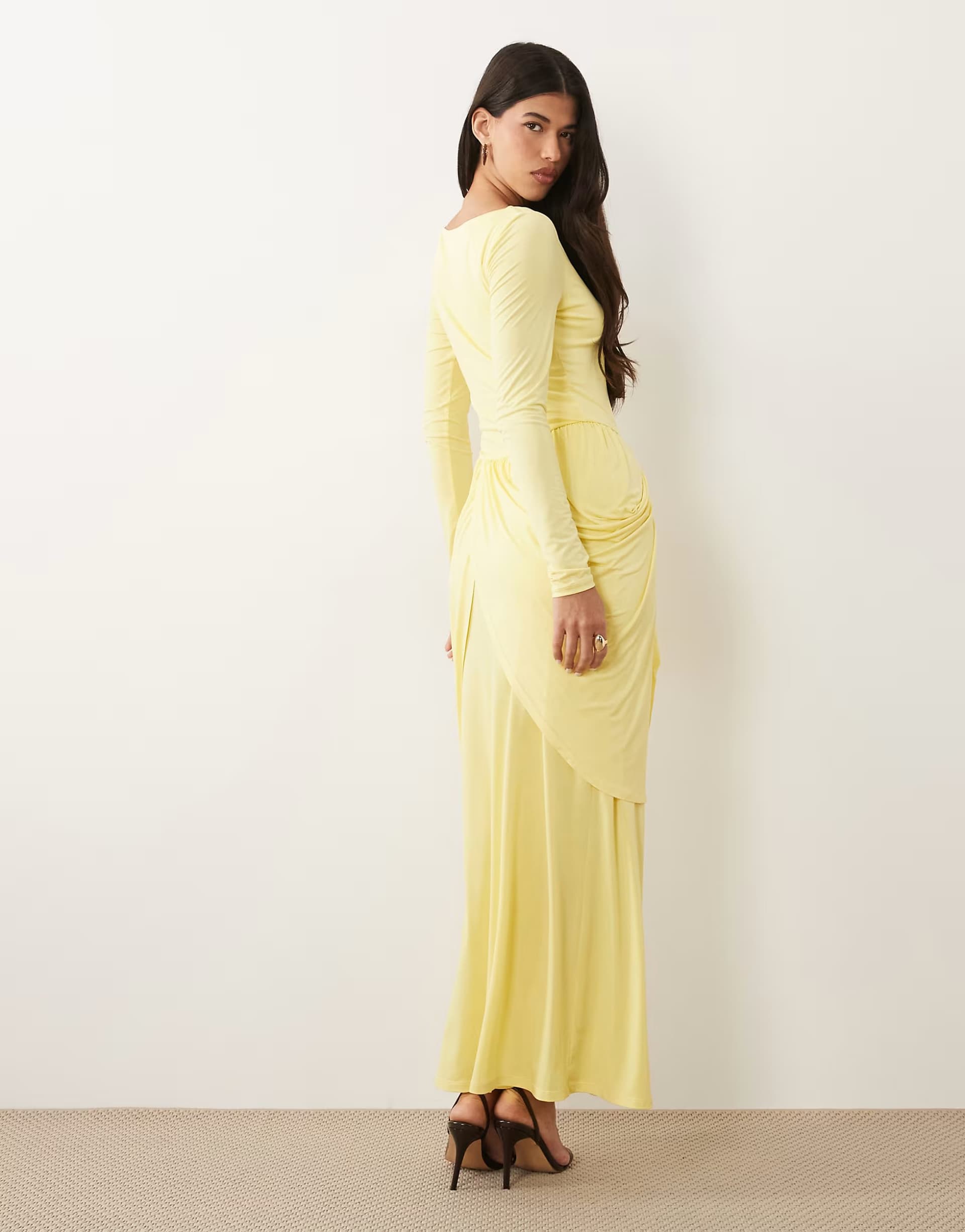 ASOS Daska boat neck long sleeve draped skirt maxi dress in yellow