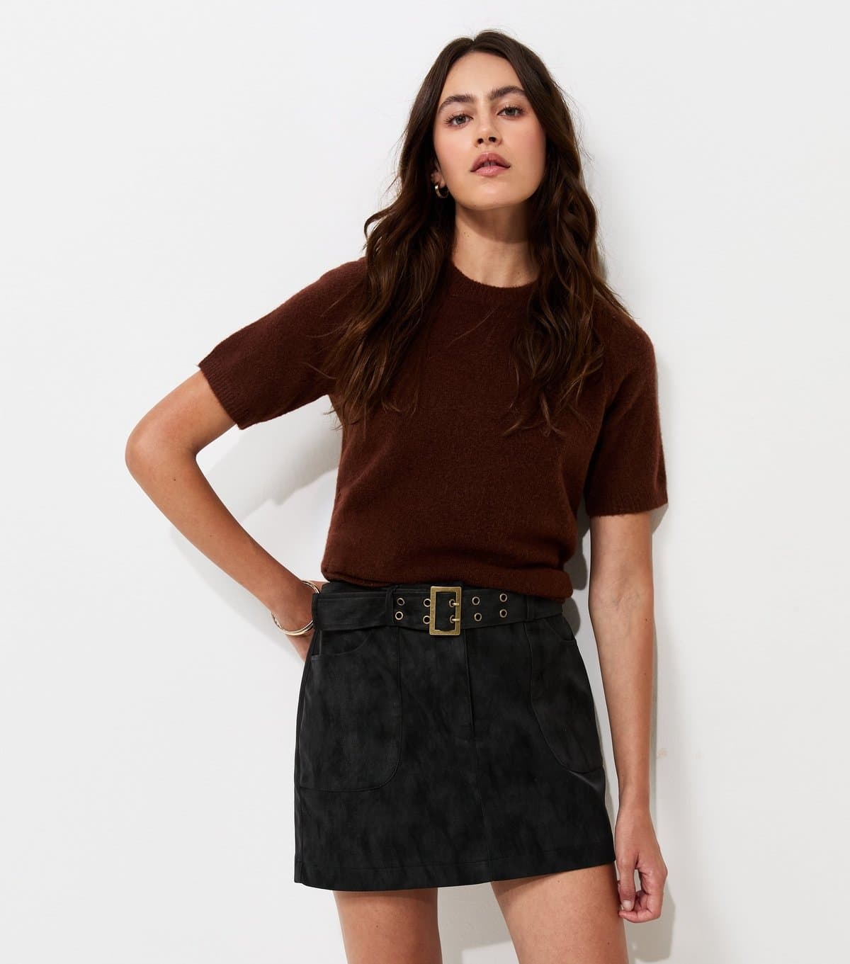 New Look Women's Black Faux Leather Belted A-Line Mini Skirt New Look