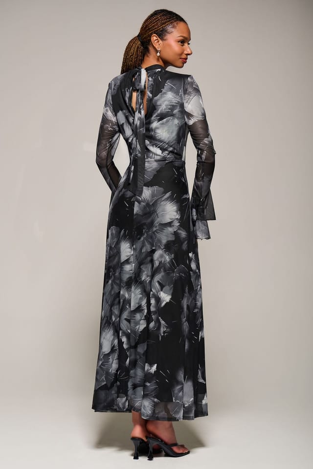 Jolie Moi Jolie Moi Women's Ruffle Long Sleeve Mesh Maxi Dress in Black - 2