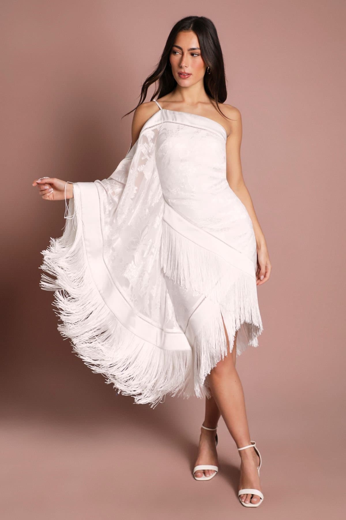 Coast Coast Women's One Shoulder Fringe Detail Bridal Mini Dress in Ivory