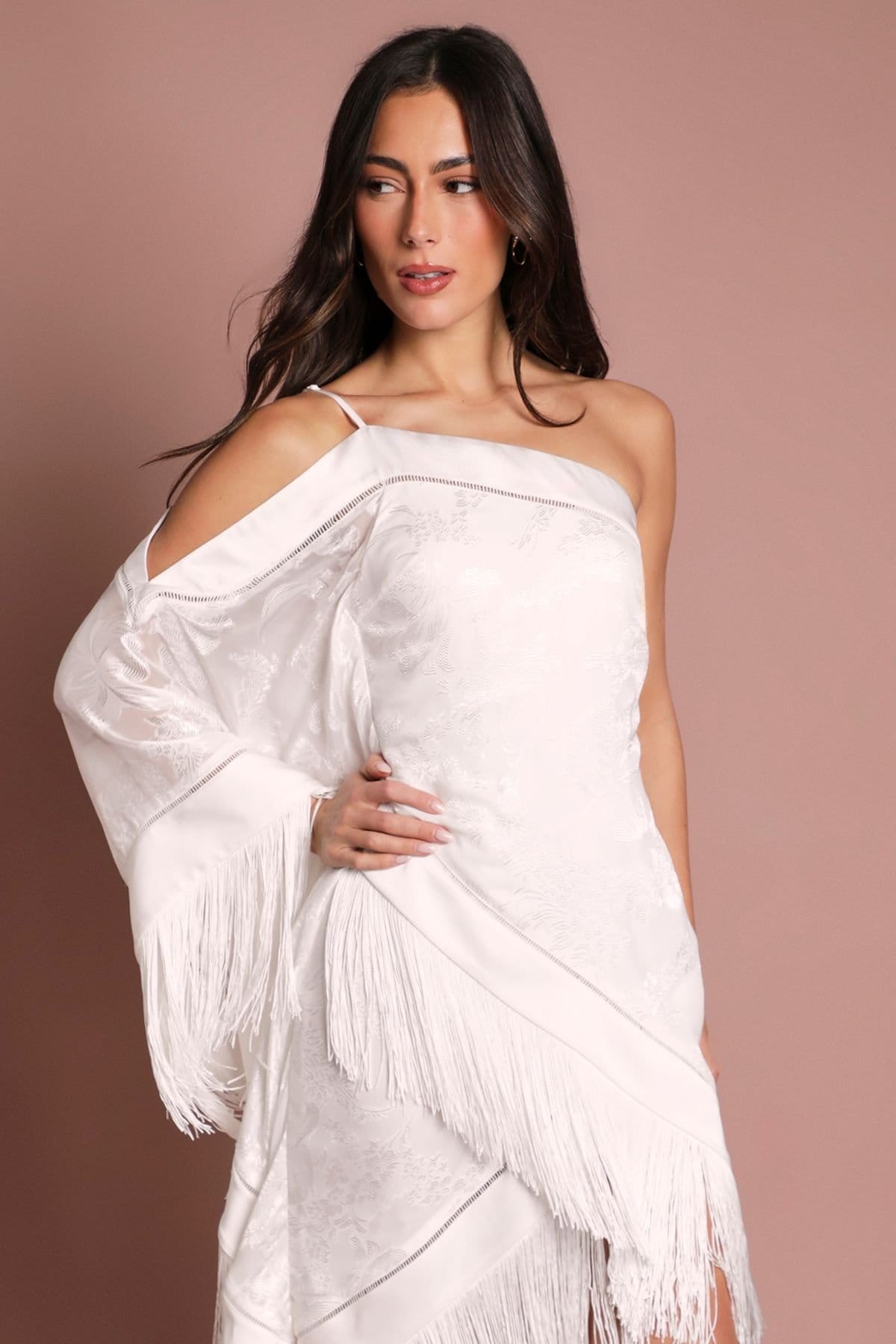 Coast Coast Women's One Shoulder Fringe Detail Bridal Mini Dress in Ivory - 4