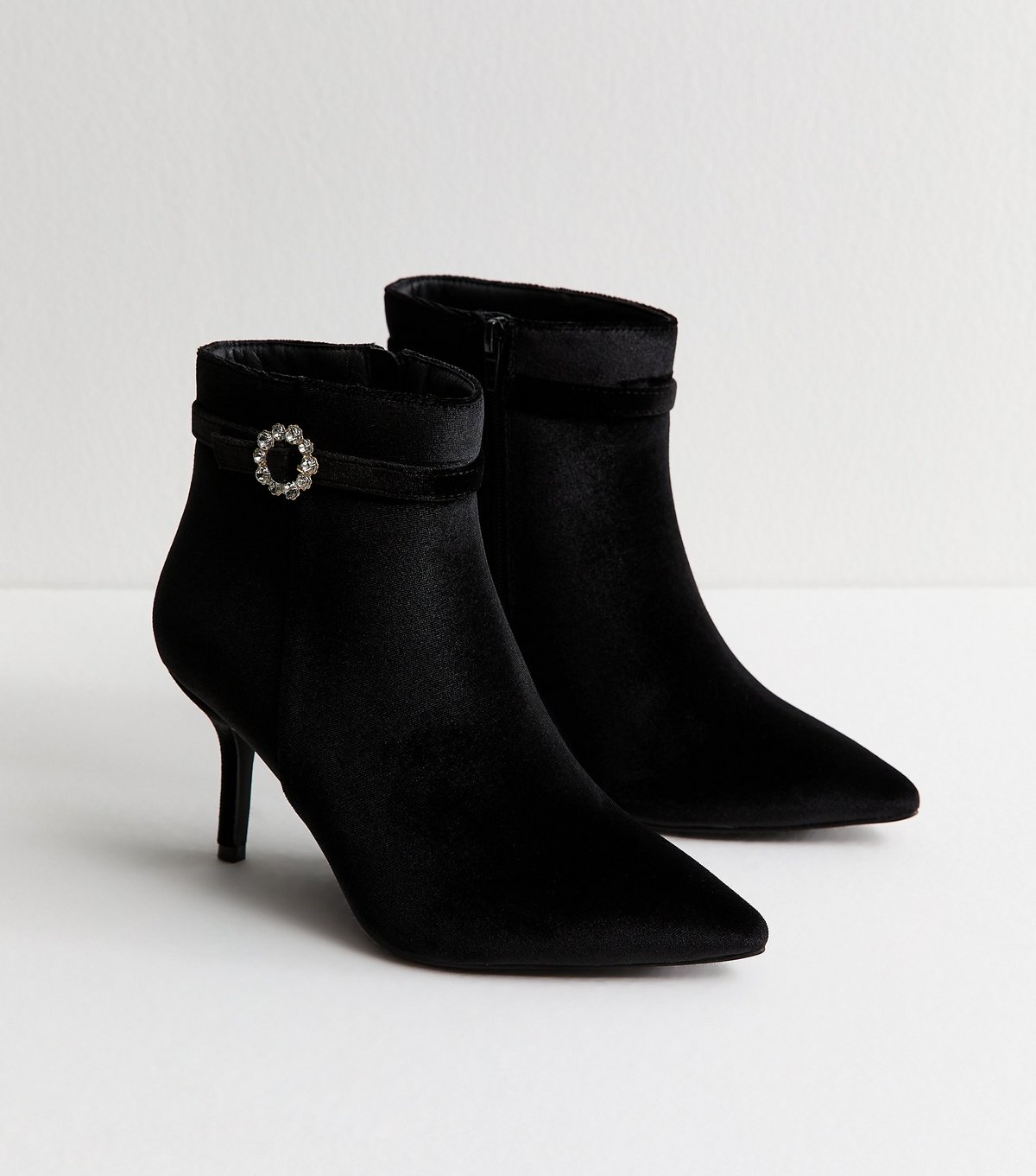 New Look Women's Wide Fit Black Velvet Diamante Buckle Ankle Boots Vegan New Look - 3