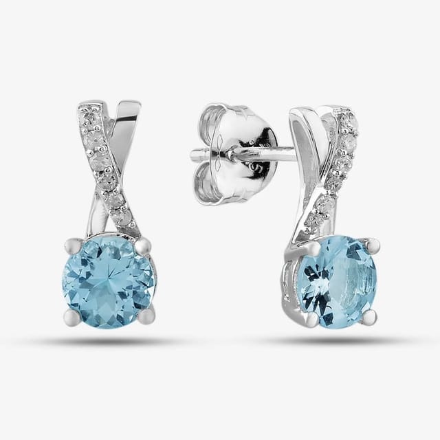 T.H.Baker T.H.Baker Women's 9ct White Gold Aquamarine & Diamond Crossover Stud Earrings OJE1703-AQ in Silver - 2