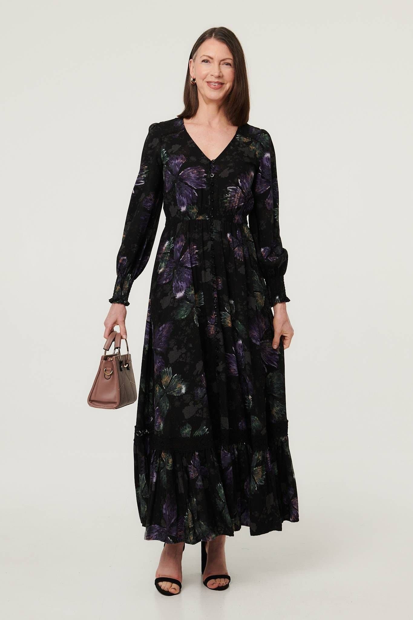 Izabel London Izabel London Women's Floral Tier Long Sleeve Maxi Dress in Black