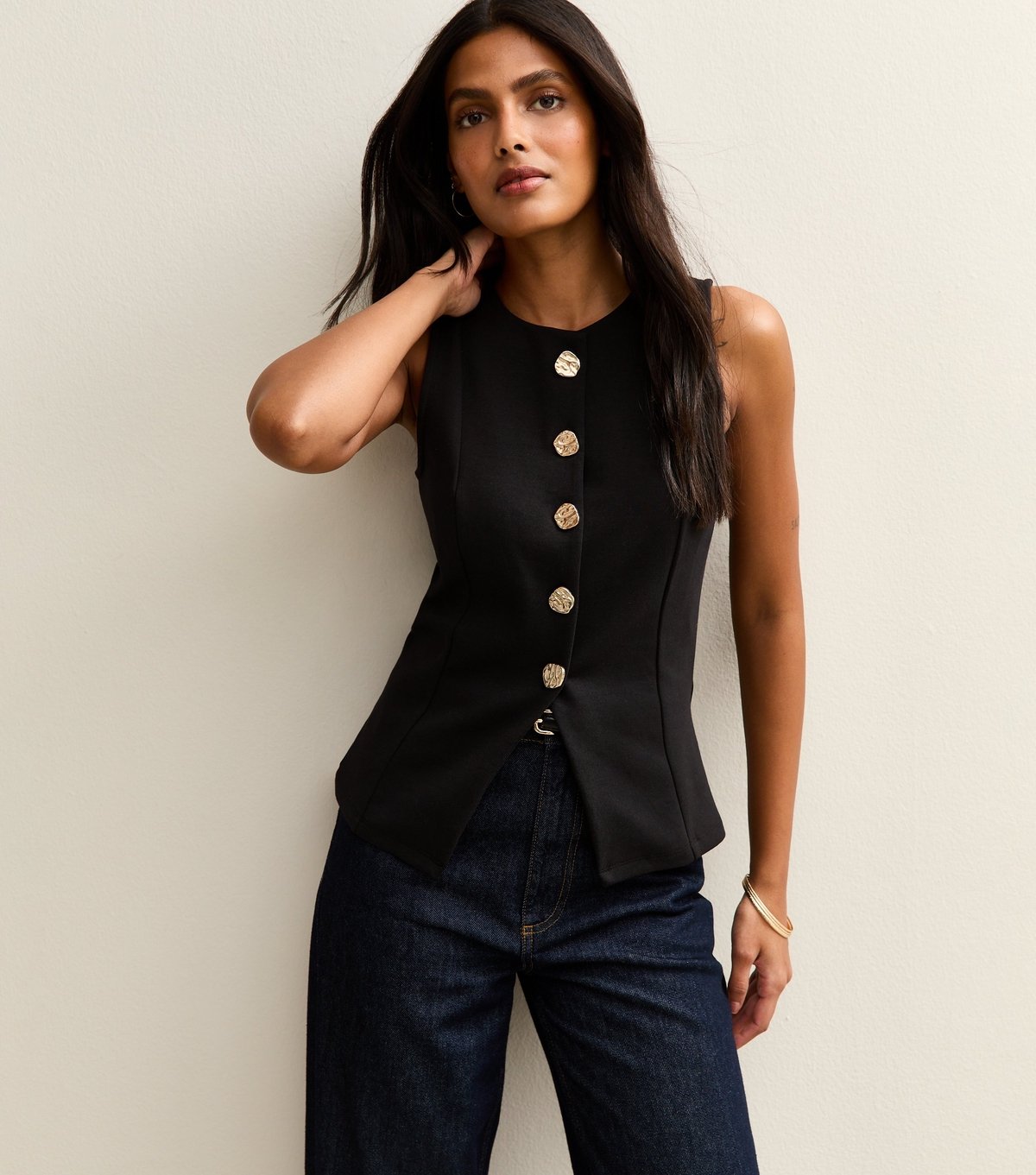 New Look Women's Black Jersey Crew Neck Gold Button Waistcoat New Look - 2