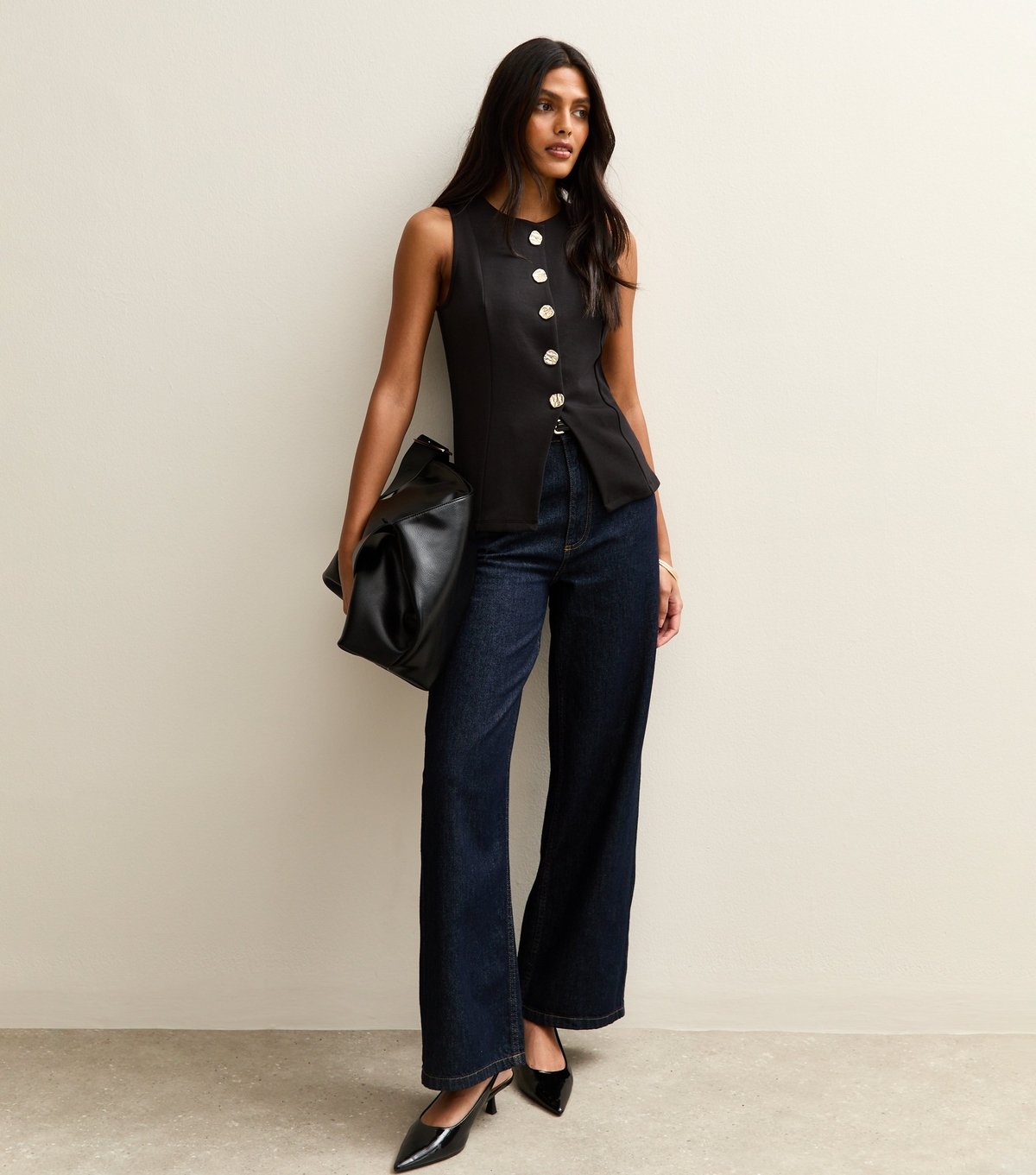 New Look Women's Black Jersey Crew Neck Gold Button Waistcoat New Look - 3