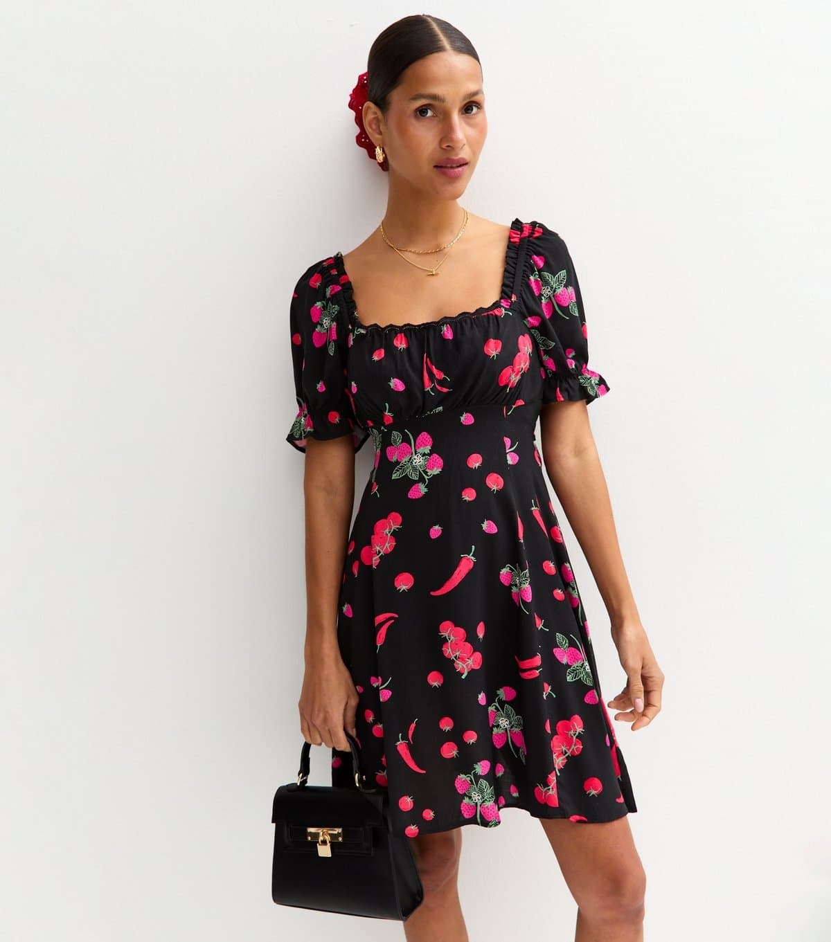 New Look Women's Black Berry Print Milkmaid Mini Dress New Look