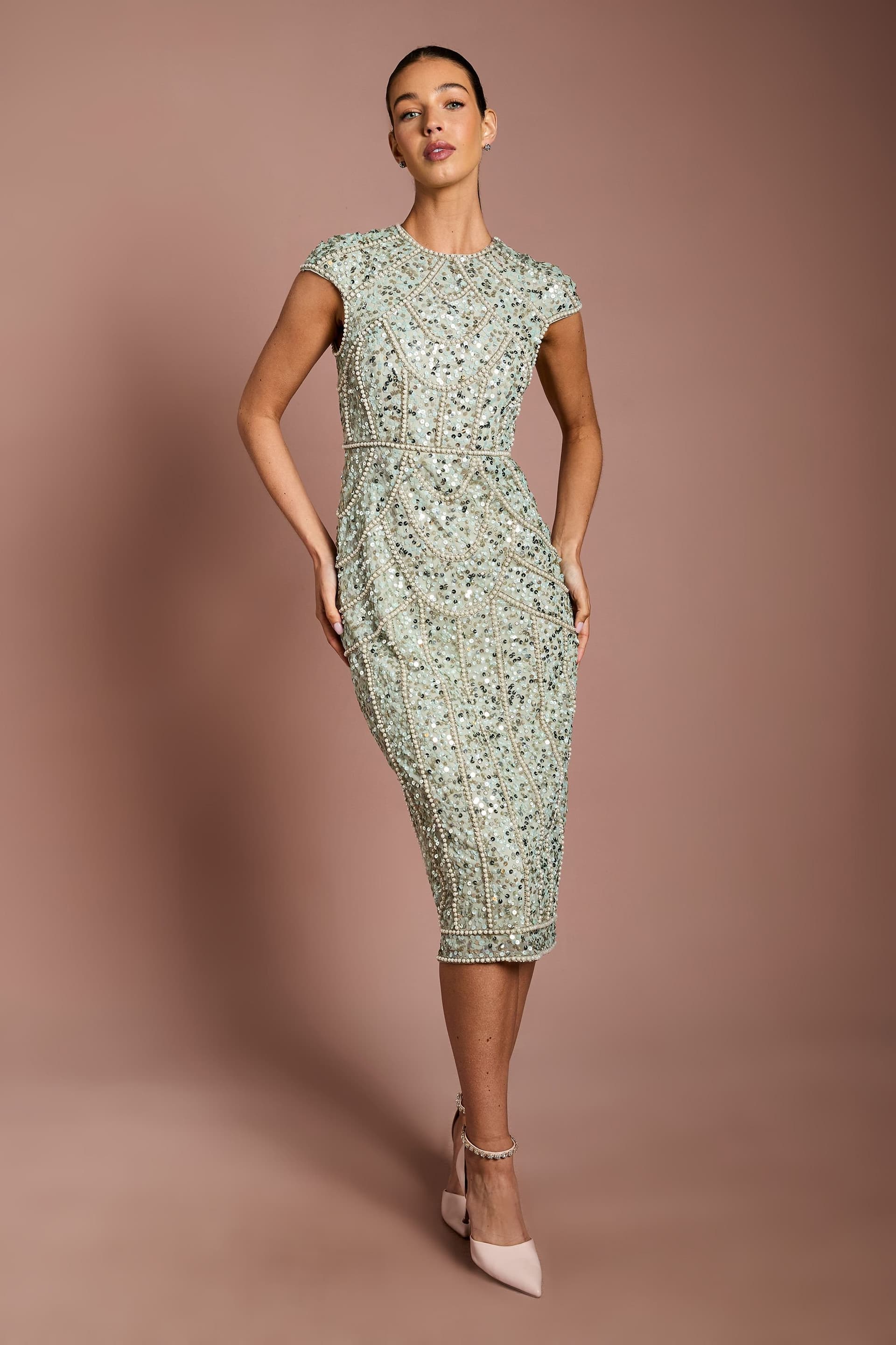 Coast Coast Women's Cap Sleeve Pearl Embellished Pencil Dress in Sage
