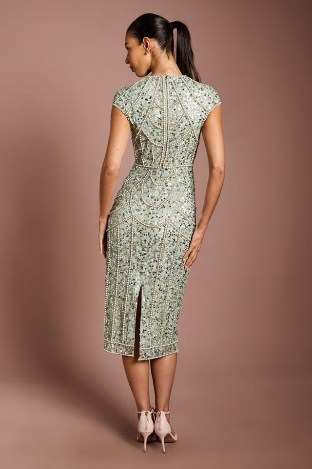 Coast Coast Women's Cap Sleeve Pearl Embellished Pencil Dress in Sage - 3