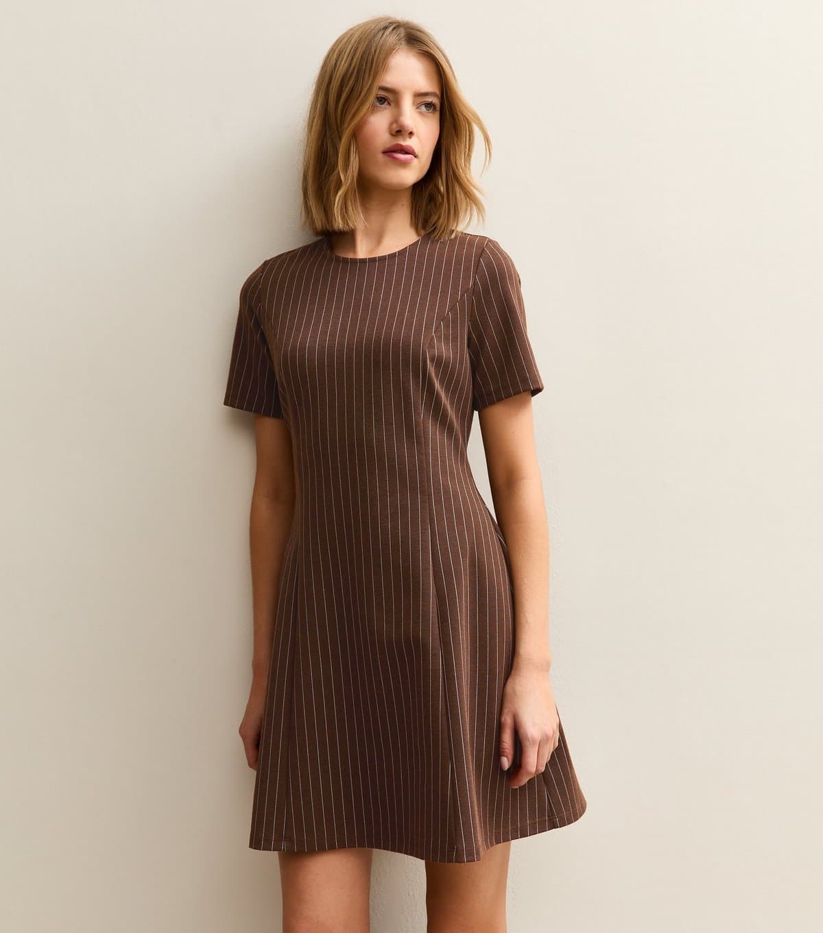 New Look Women's Brown Pinstriped Short Sleeve Mini Dress New Look