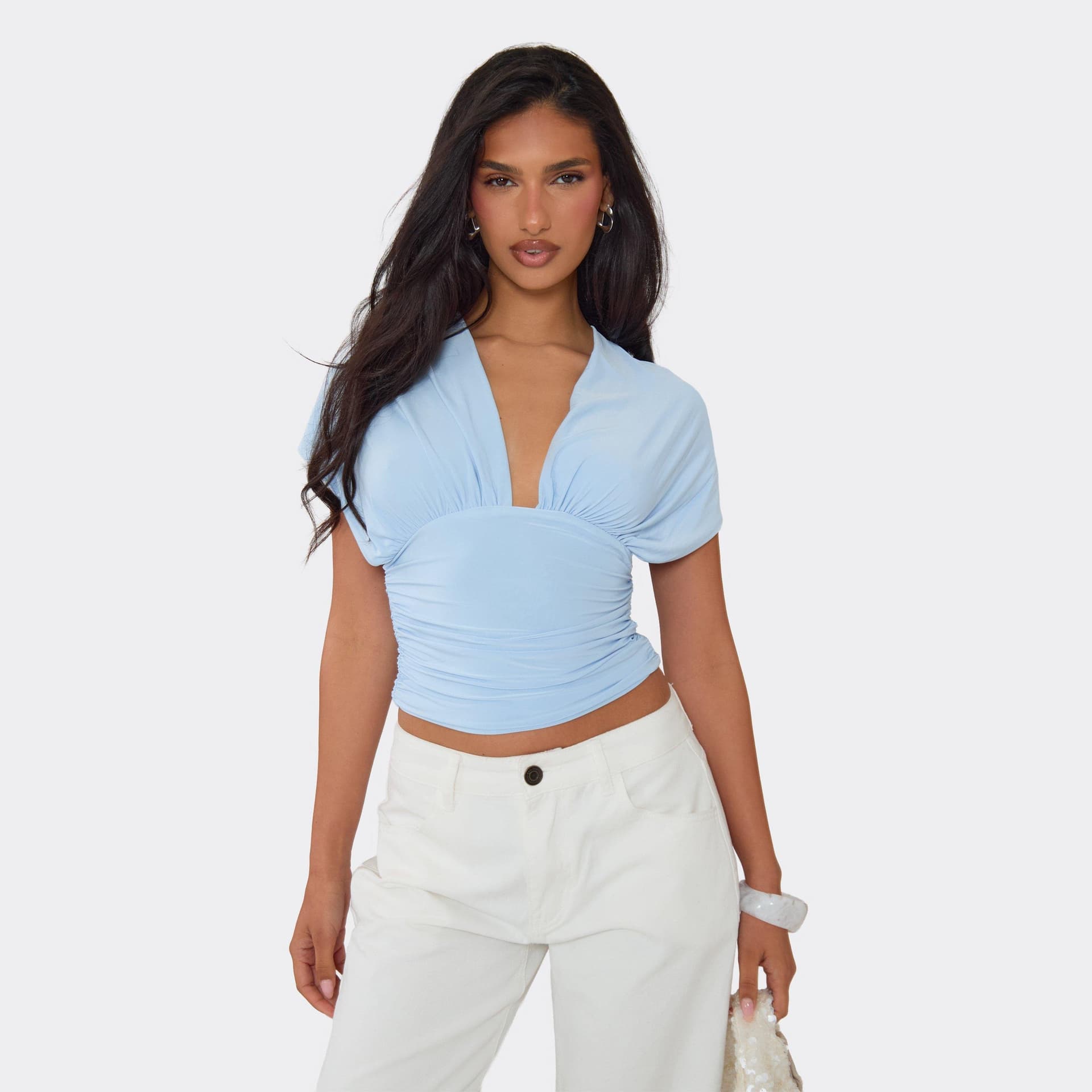EGO Short Sleeve Plunge Front Tie Back Detail Top In Baby Blue Slinky, Women's Size UK 6