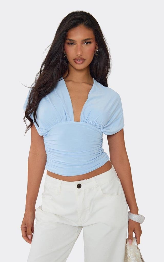 EGO Short Sleeve Plunge Front Tie Back Detail Top In Baby Blue Slinky, Women's Size UK 6 - 2