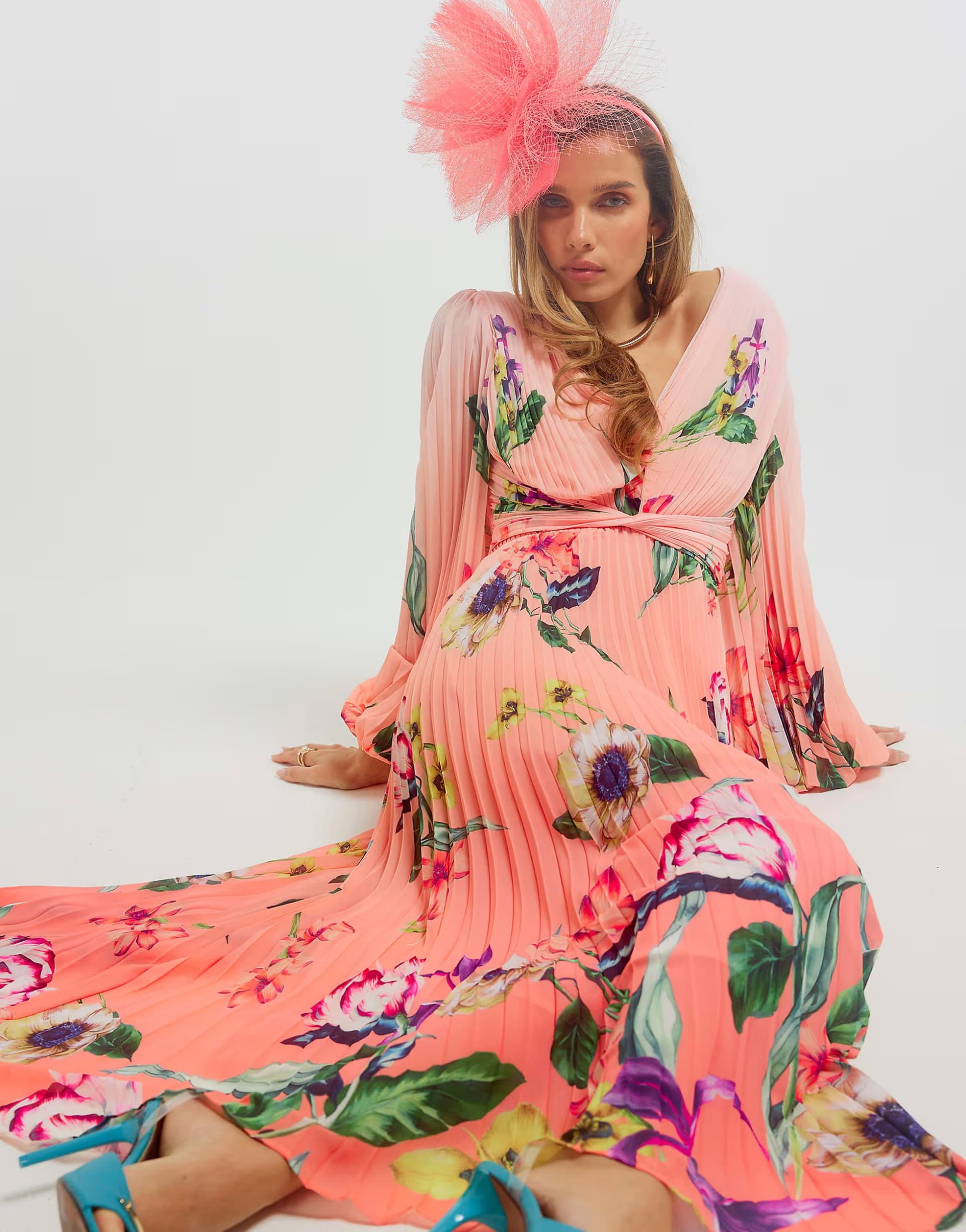 ASOS River Island Premium plisse floral midi dress in pink