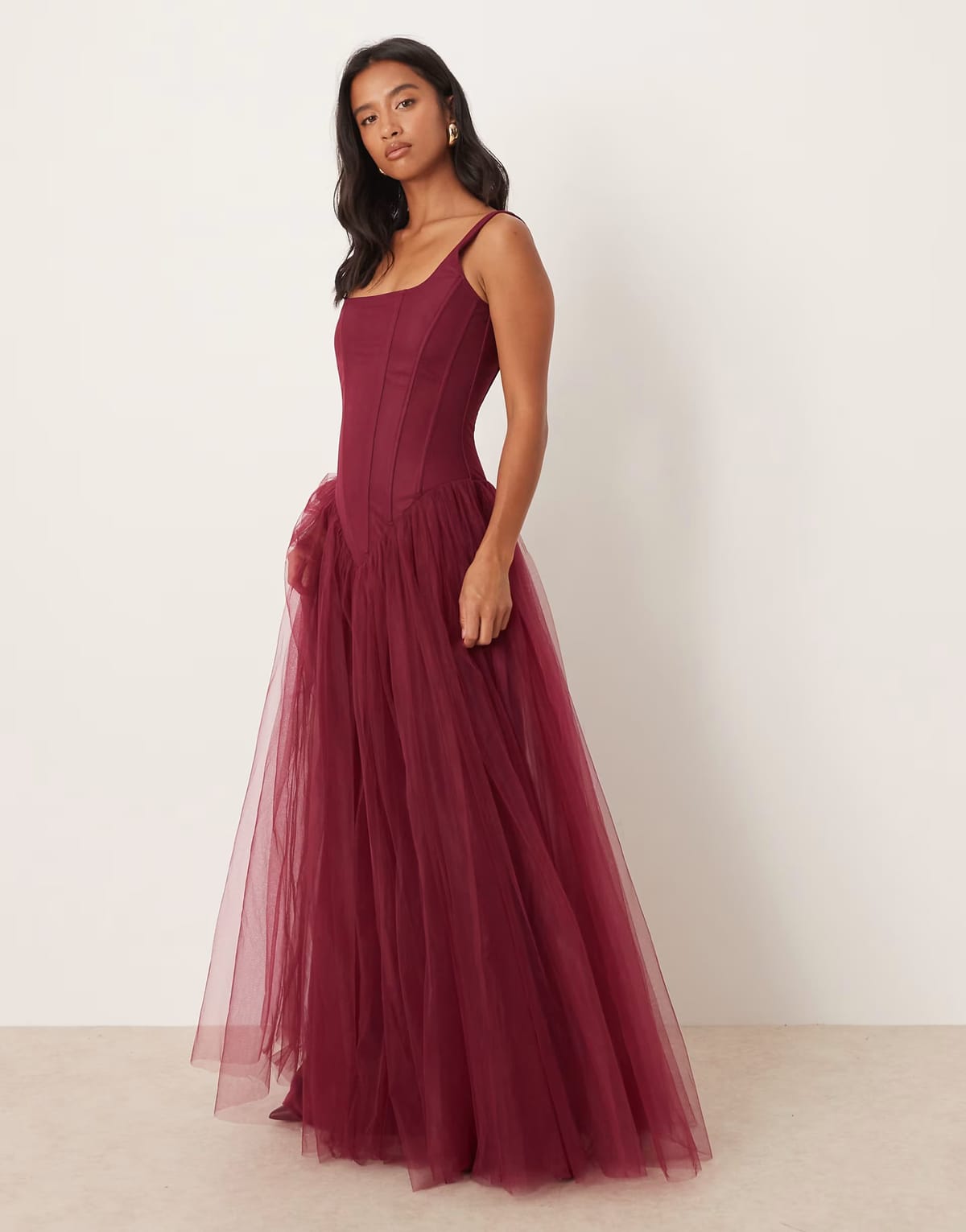 ASOS Lace & Beads Petite drop hem corset maxi gown in fig - 1
