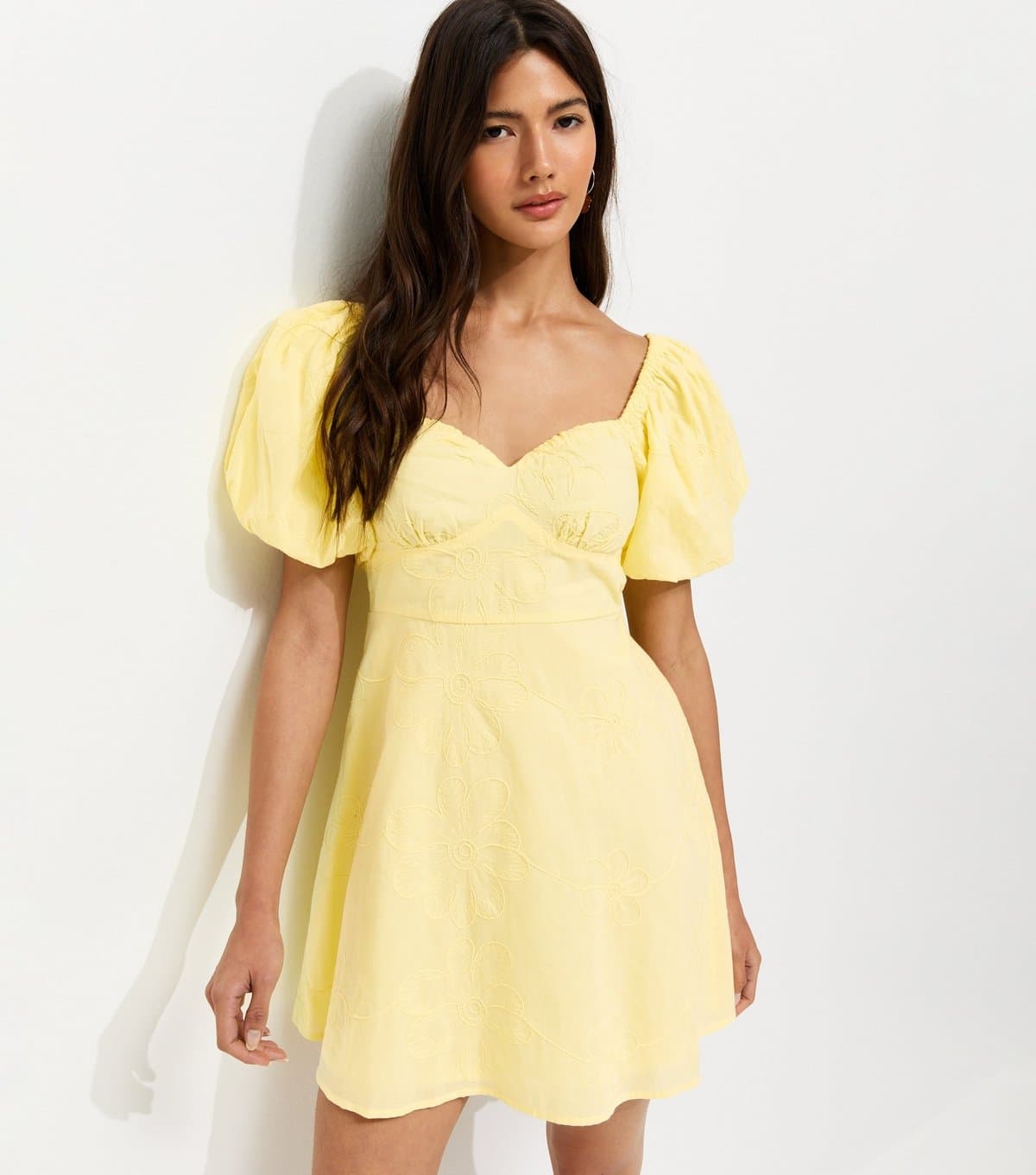 New Look Women's Yellow Floral Puff Sleeve Mini Dress New Look