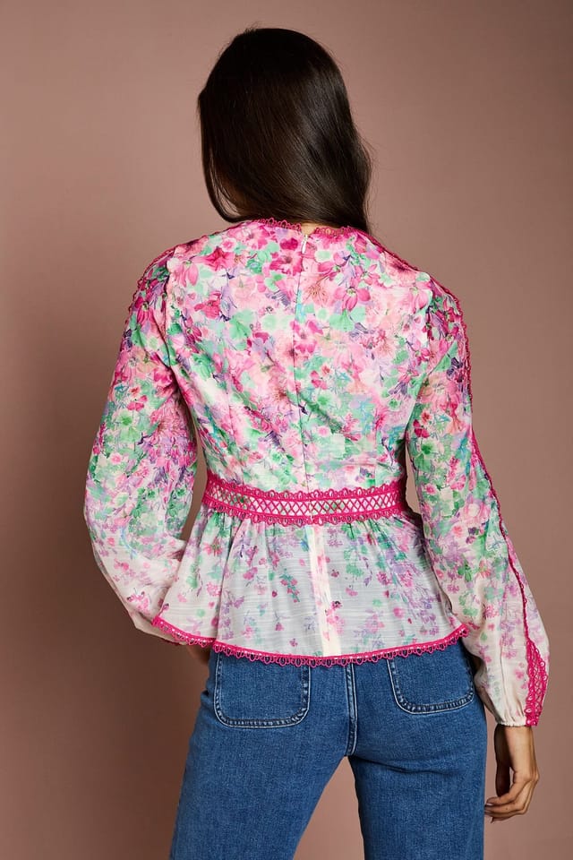 Coast Coast Women's Printed Blouson Sleeve Organza Top in Pink - 3