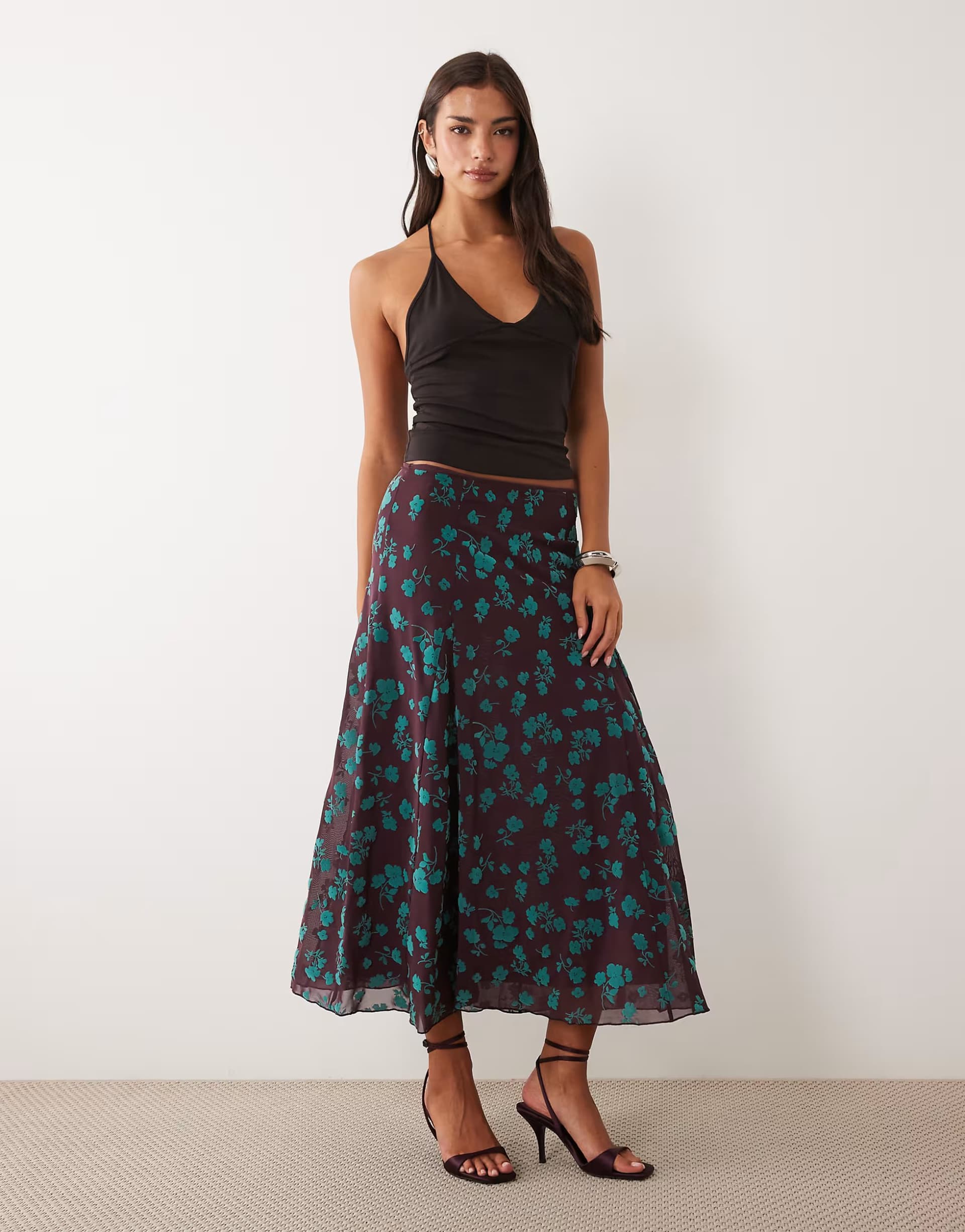ASOS ASOS DESIGN flocked mesh midi skirt in plum and blue floral