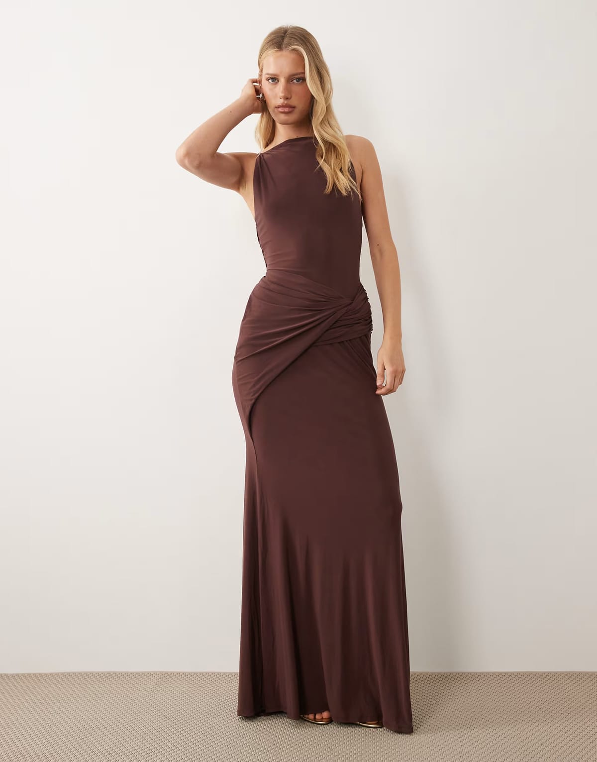 ASOS ASOS DESIGN ruched waist slinky maxi dress in chocolate brown - 1