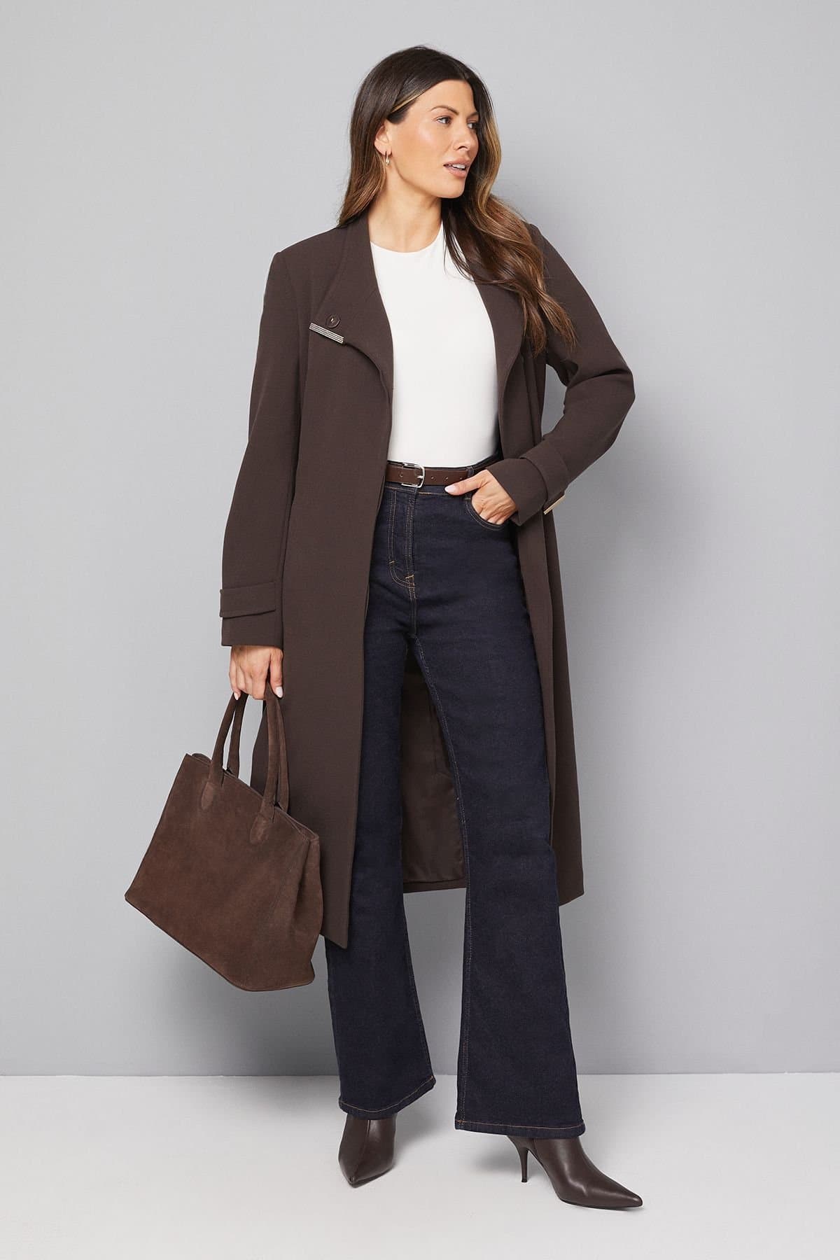 Wallis Wallis Women's Double Crepe Wrap Belted Coat in Chocolate