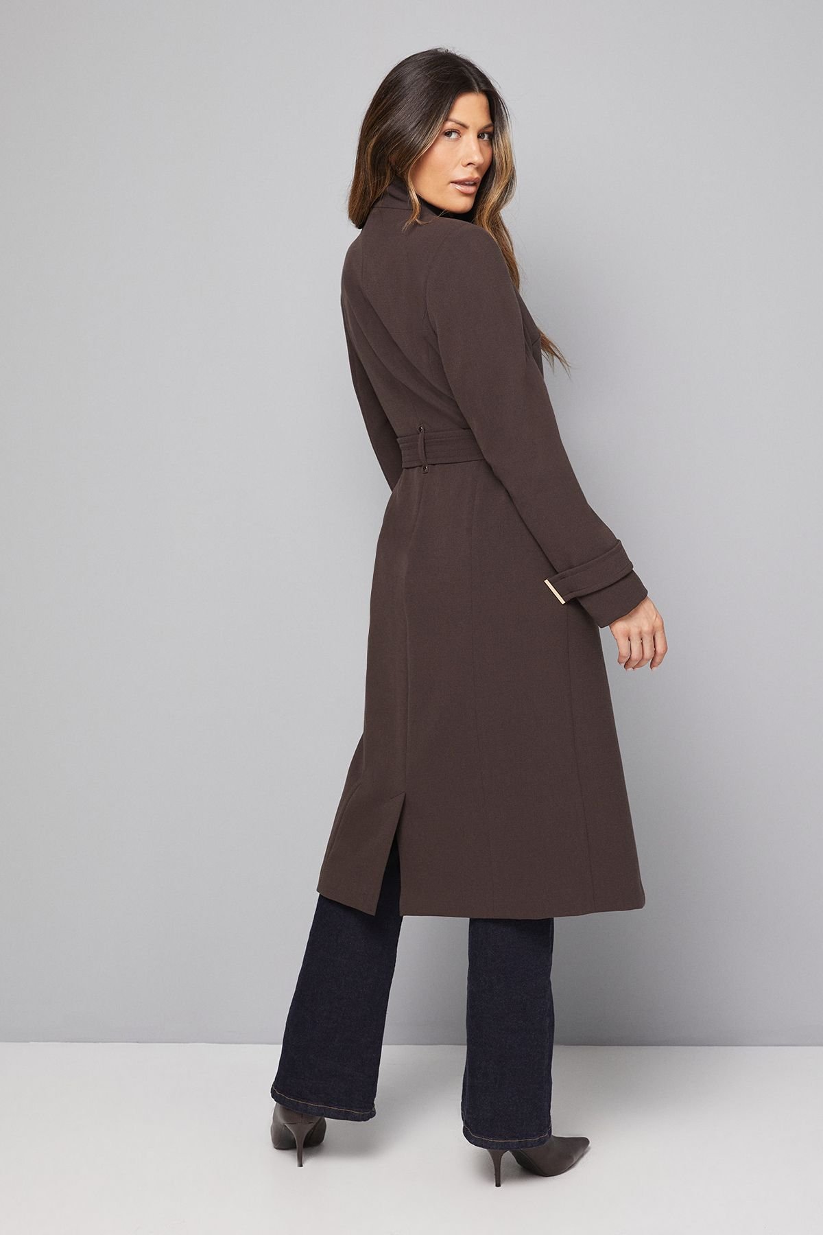 Wallis Wallis Women's Double Crepe Wrap Belted Coat in Chocolate - 4