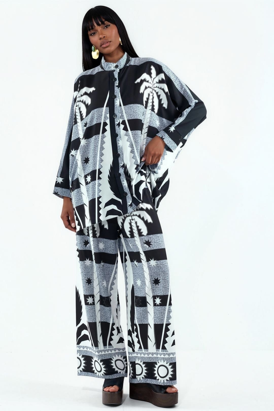MSN Collection Women's Geometric Knit Shirt & Wide-Leg Pants Set