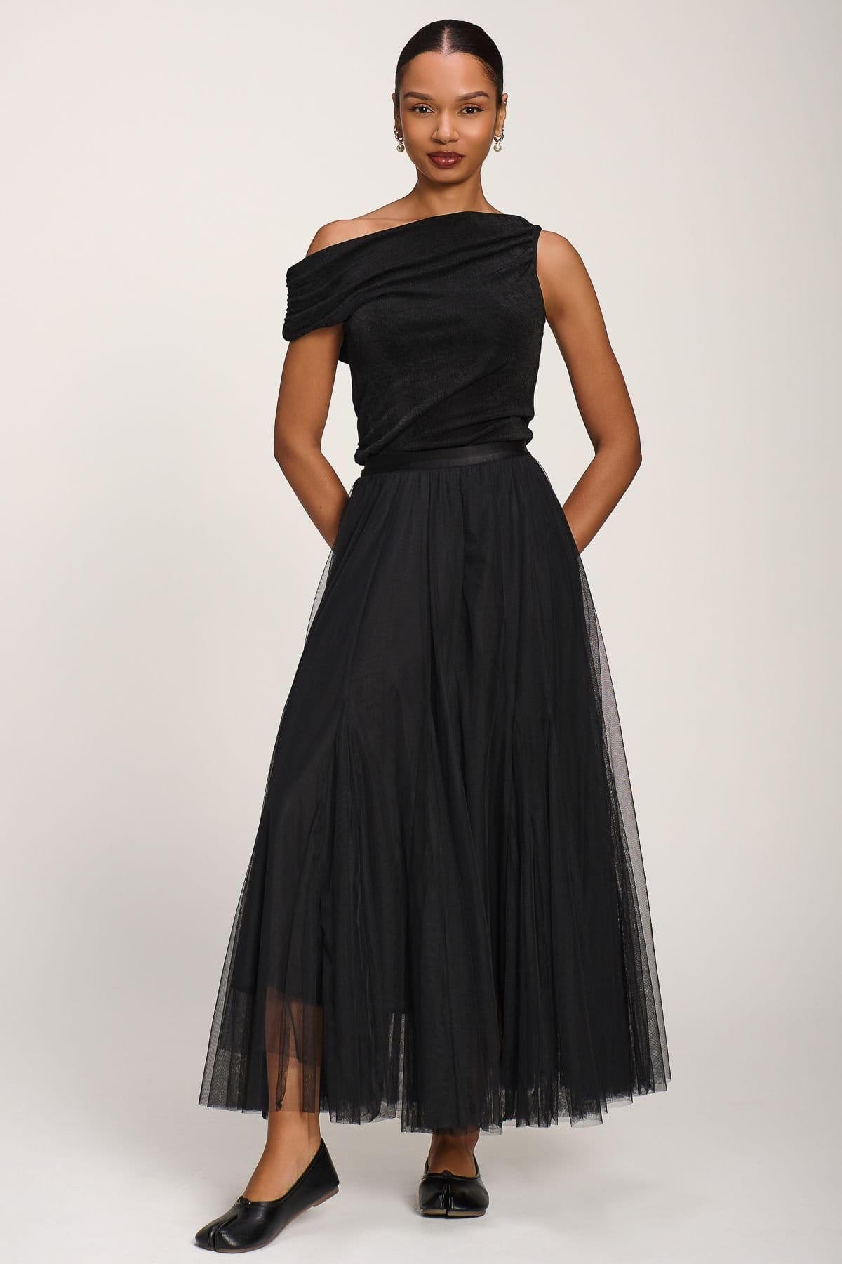 Jolie Moi Jolie Moi Women's Tulle Godet Maxi Skirt in Black - 4