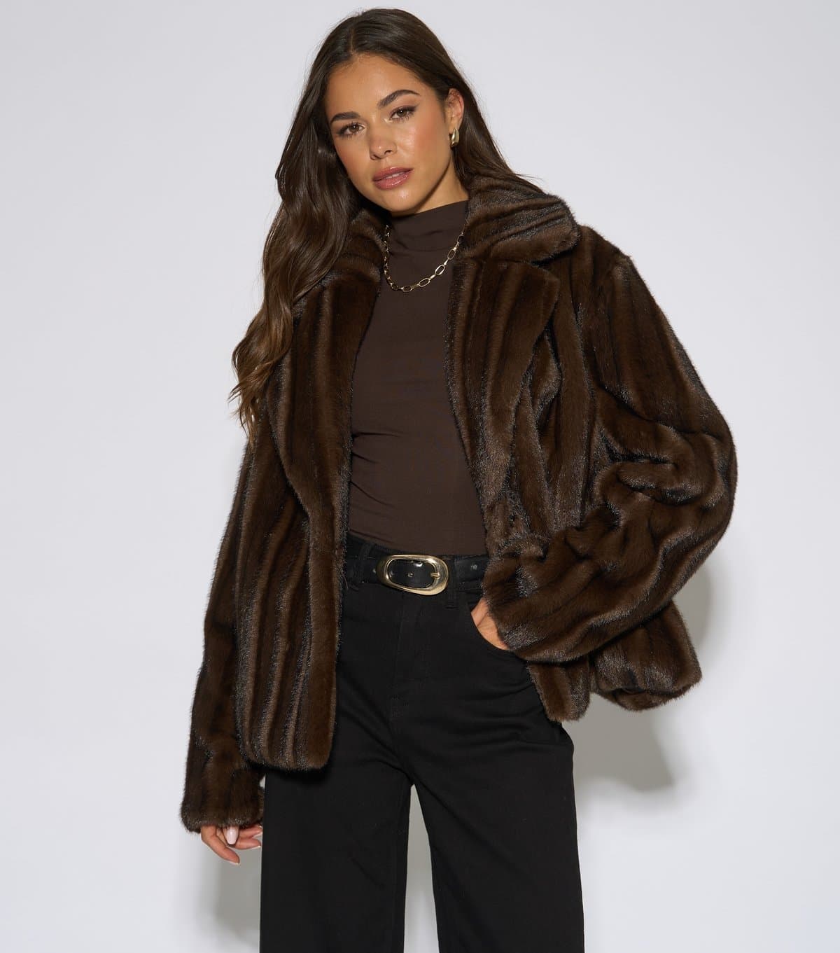Gini London Women's Dark Brown Striped Faux Fur Jacket Gini London New Look