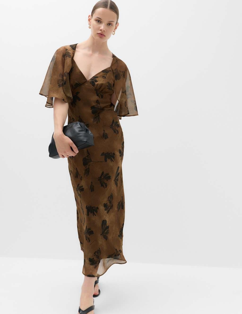 Marks & Spencer M&S Floral Cape V-Neck Maxi Tea Dress Brown Mix
