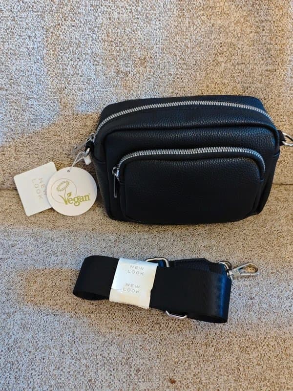 New Look New tagged black 2 zip wide strap Vegan Leather crossbody bag newlook