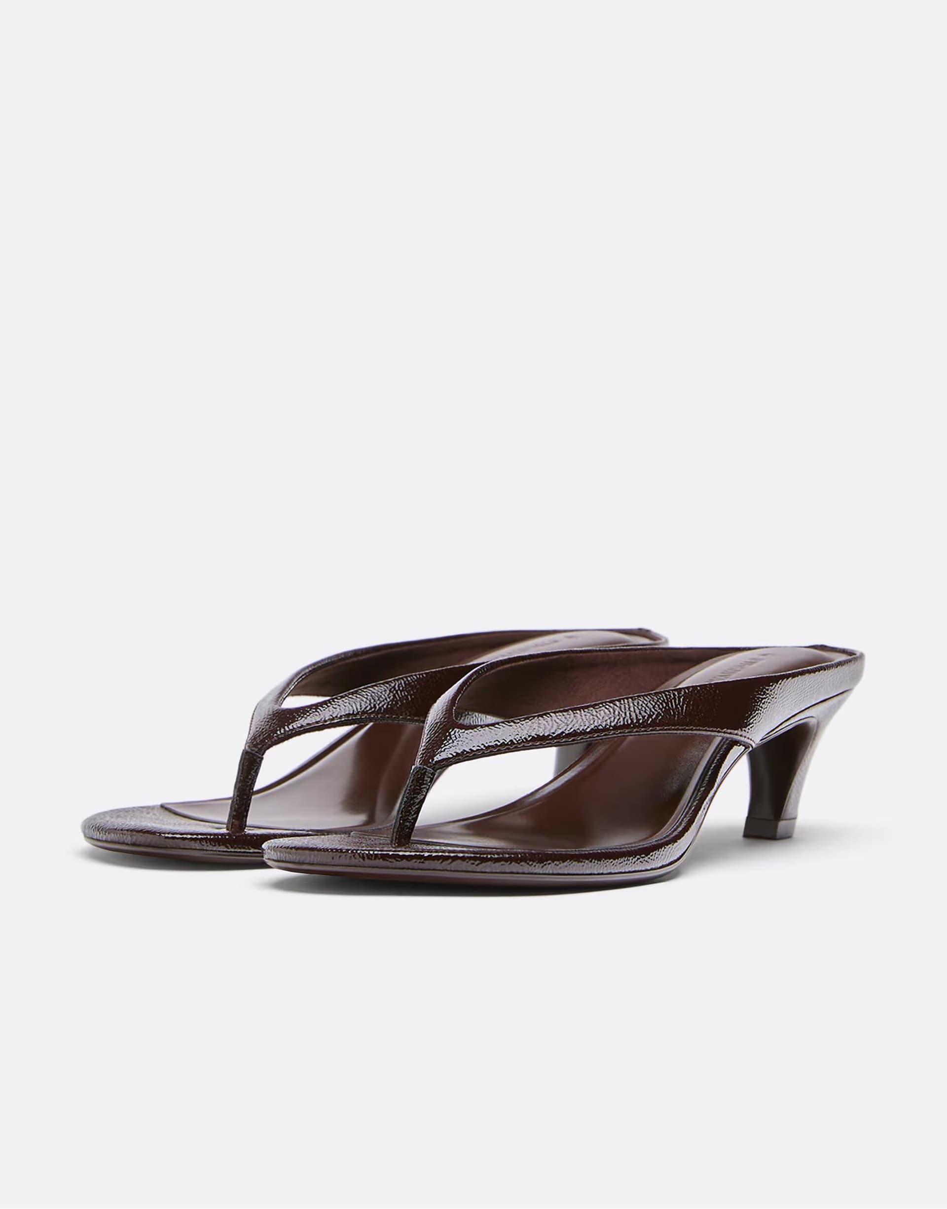ASOS Stradivarius Leather effect thong heeled sandals in brown