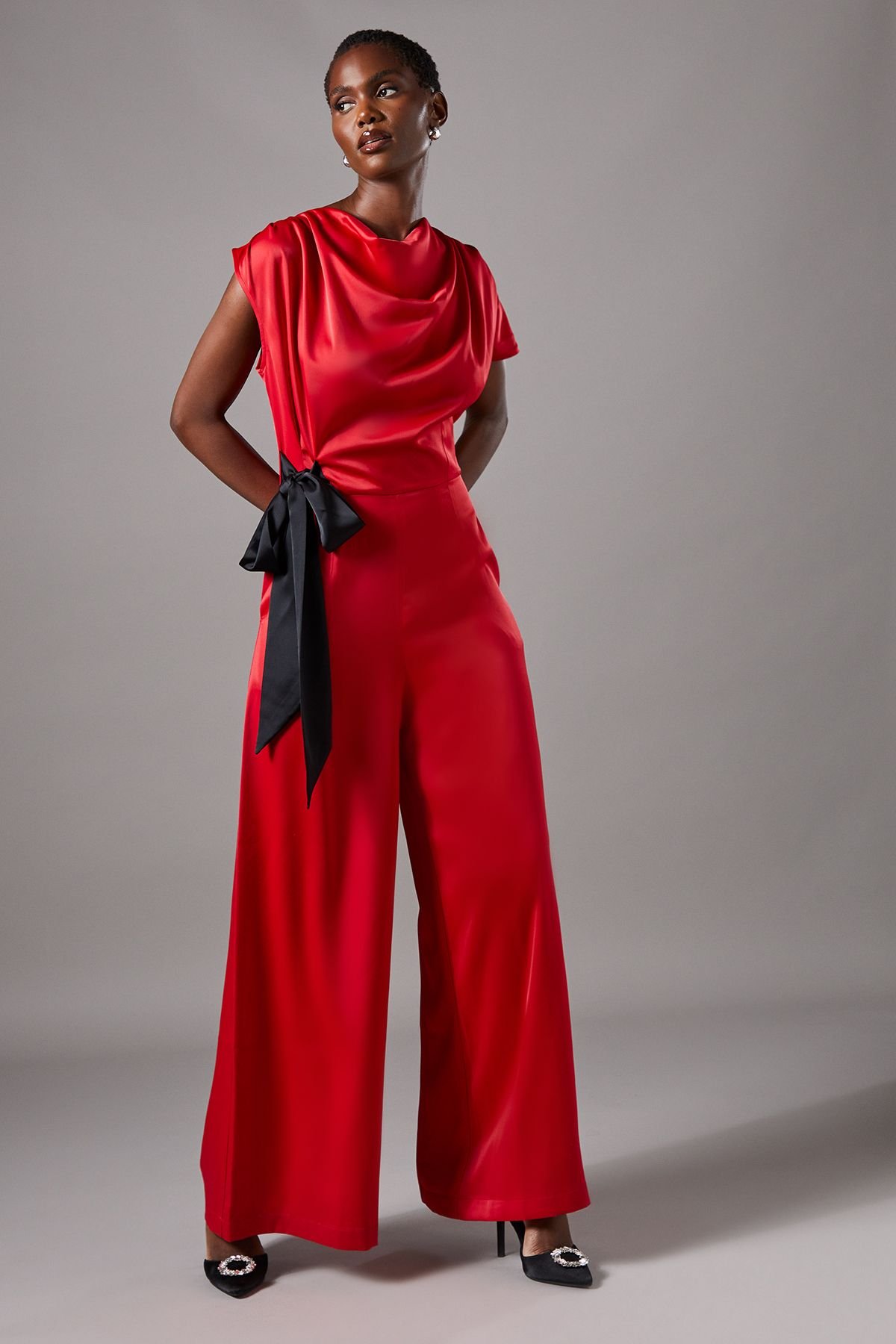 Coast Coast Women's Tie Side Satin Drape Wide Leg Jumpsuit in Red - 2