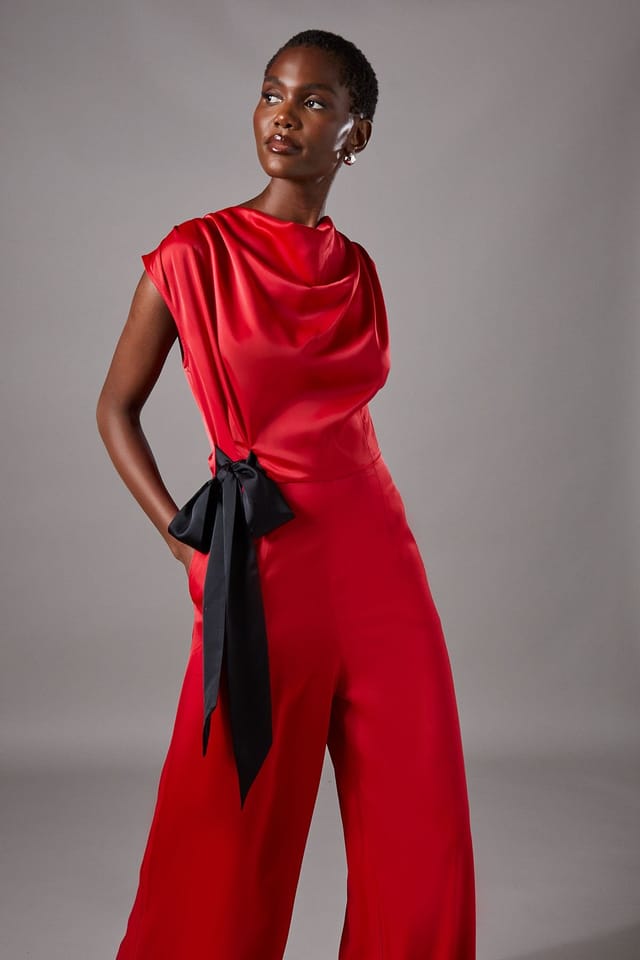 Coast Coast Women's Tie Side Satin Drape Wide Leg Jumpsuit in Red - 2