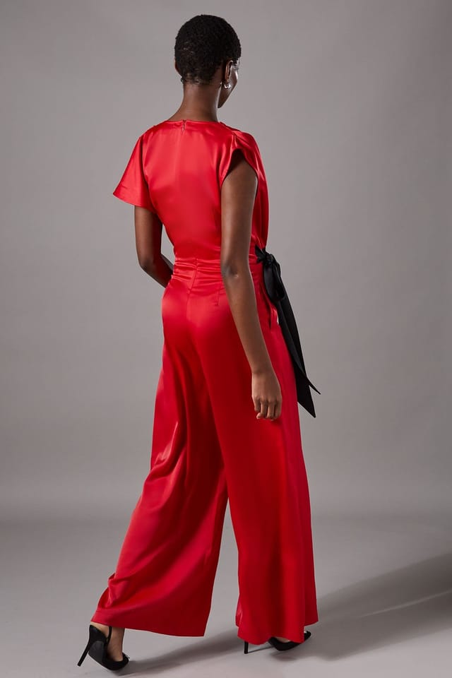 Coast Coast Women's Tie Side Satin Drape Wide Leg Jumpsuit in Red - 3