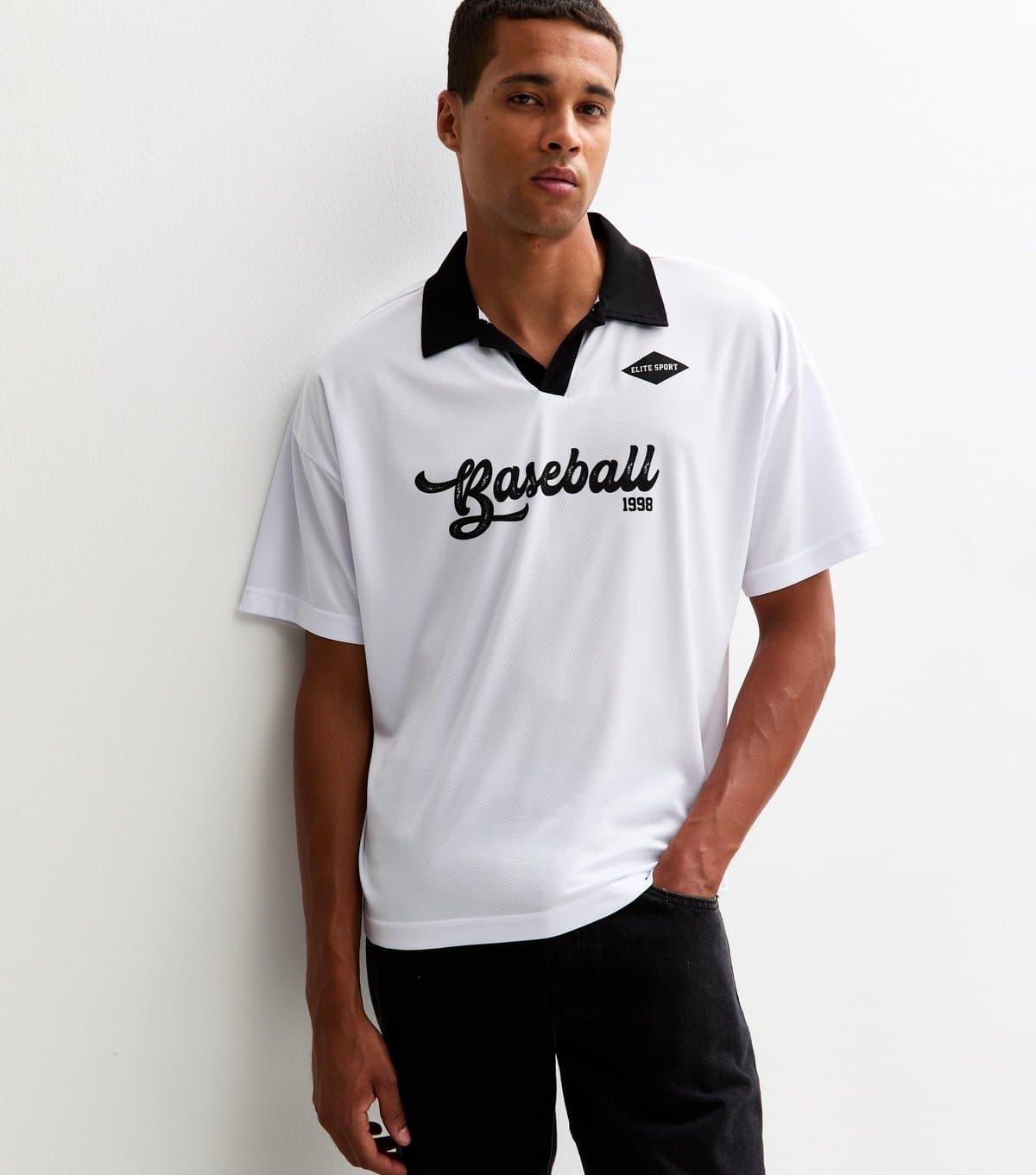 New Look Men's White Collared Relaxed Fit Baseball Logo Short Sleeve T-shirt New Look